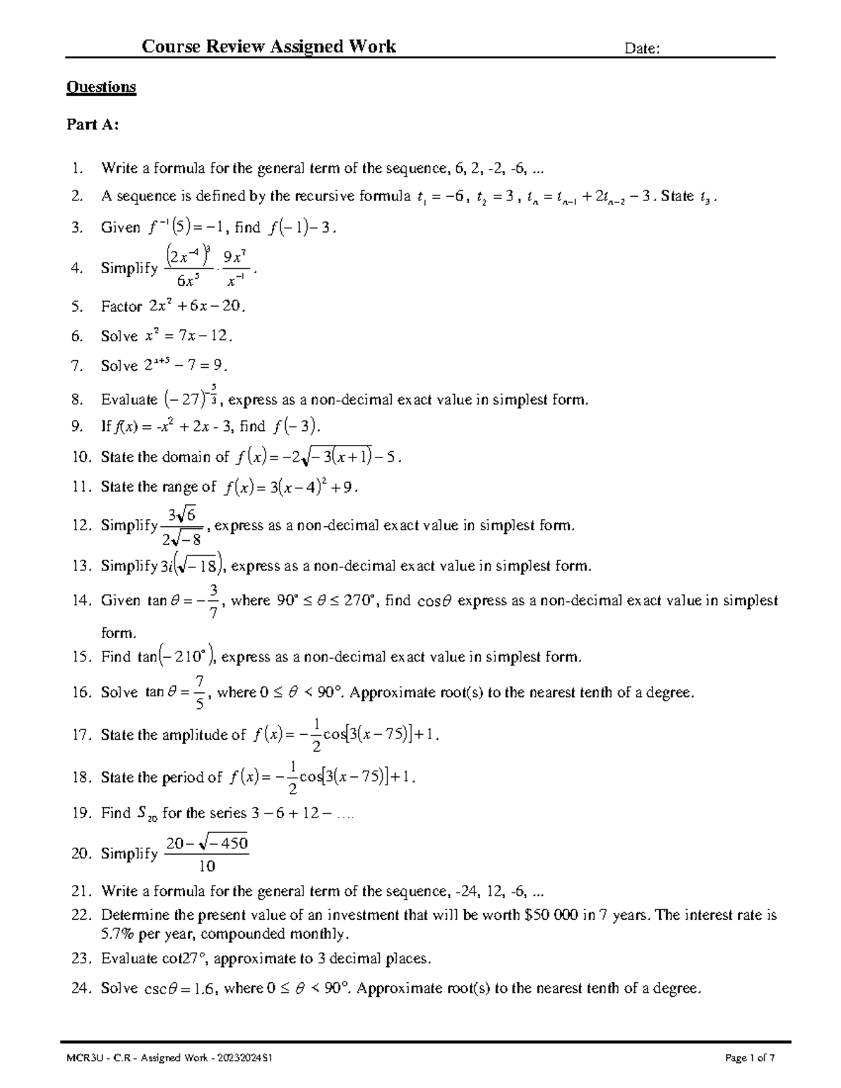 MCR3U - C.R - Assigned Work - Course Review Assigned Work Date ...