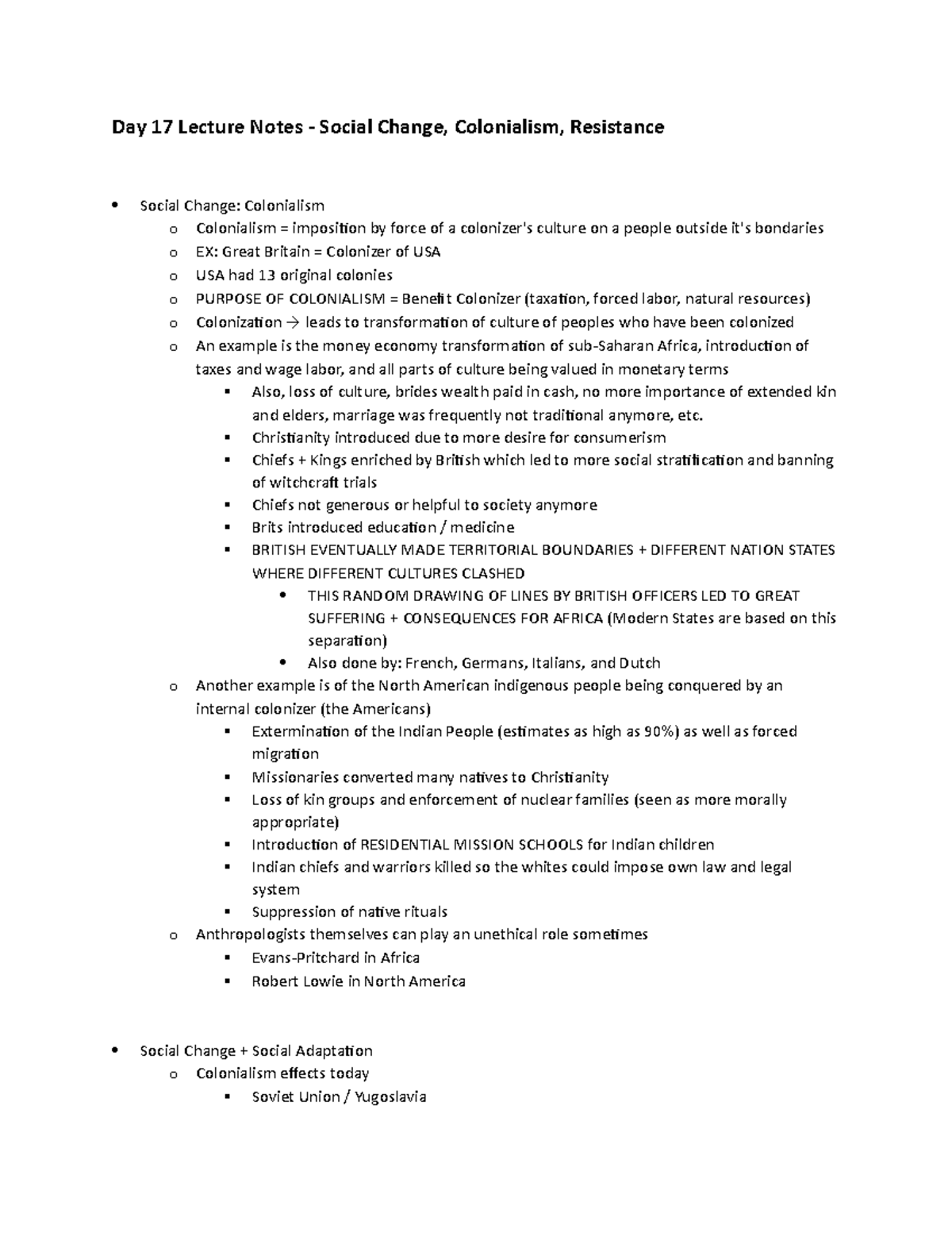 Day 17 Anthro - This Document Consists Of Notes From The Day 17 Lecture ...