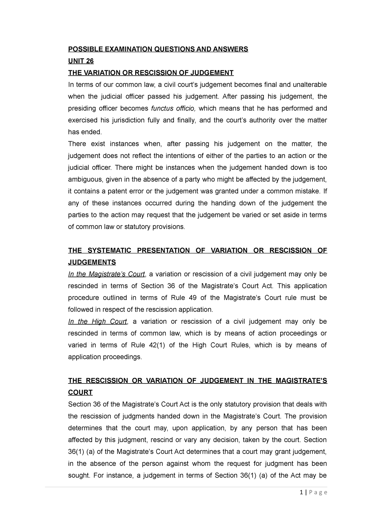 Civil Procedure The Variation or Rescission of Judgement - POSSIBLE ...