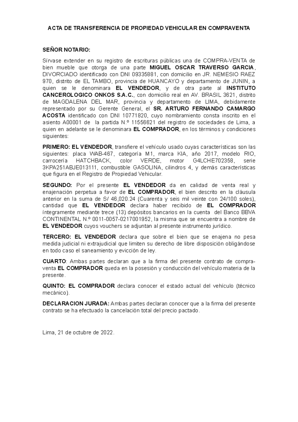 ACTA DE Transferencia DE Propiedad Vehicular EN Compraventa ACTA DE