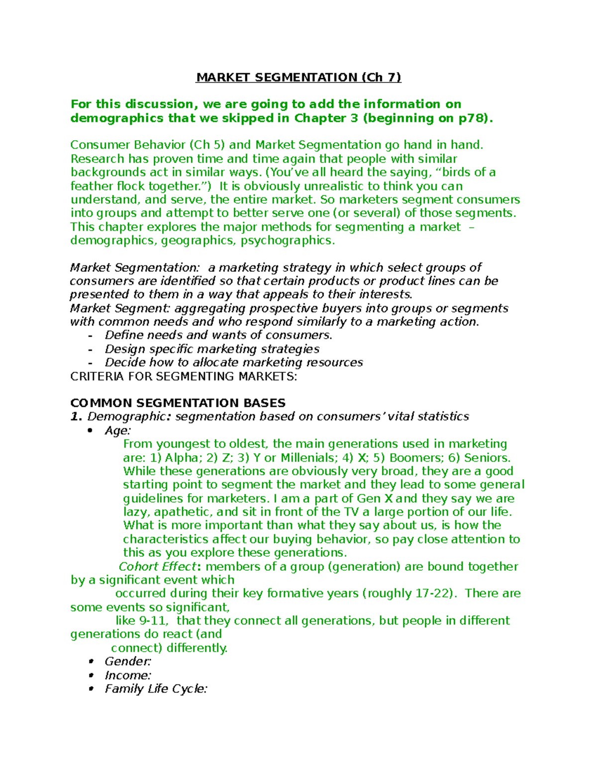 CH 7 notes - MARKET SEGMENTATION (Ch 7) For this discussion, we are ...