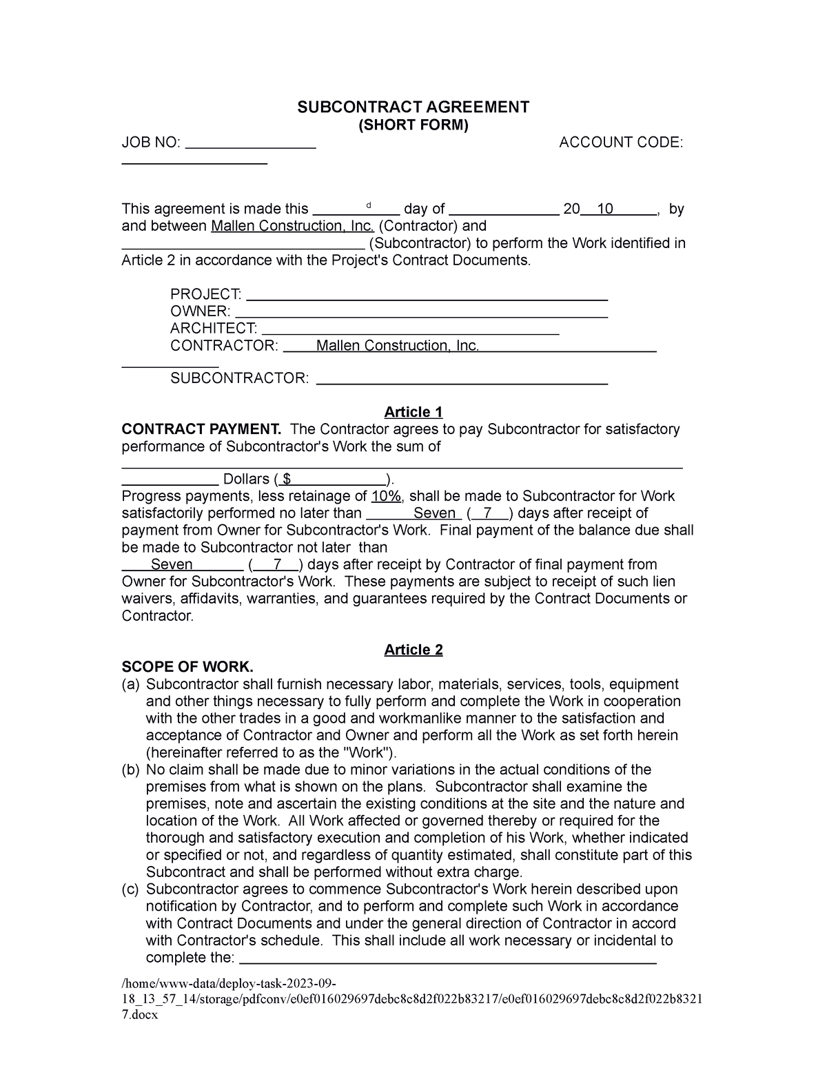 4 Subcontract Agreement Short FORM Blank - SUBCONTRACT AGREEMENT (SHORT ...