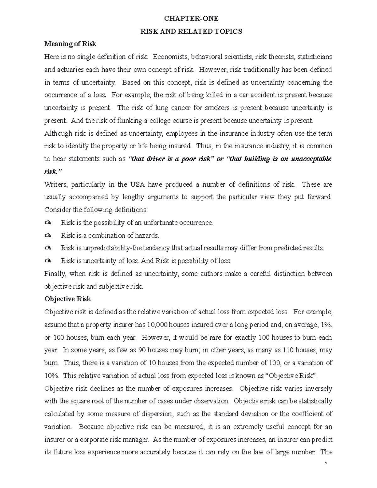Risk Chapter-1 - What is risk - CHAPTER-ONE RISK AND RELATED TOPICS ...