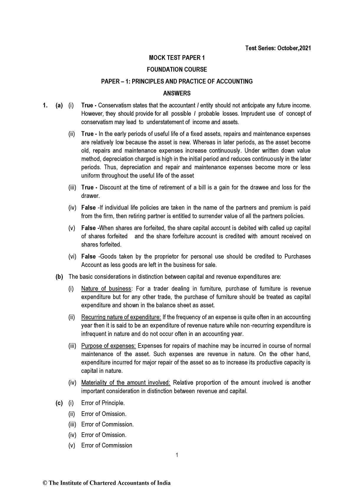 Answer Mock Test Paper Accounting - 1 Test Series: October, MOCK TEST ...