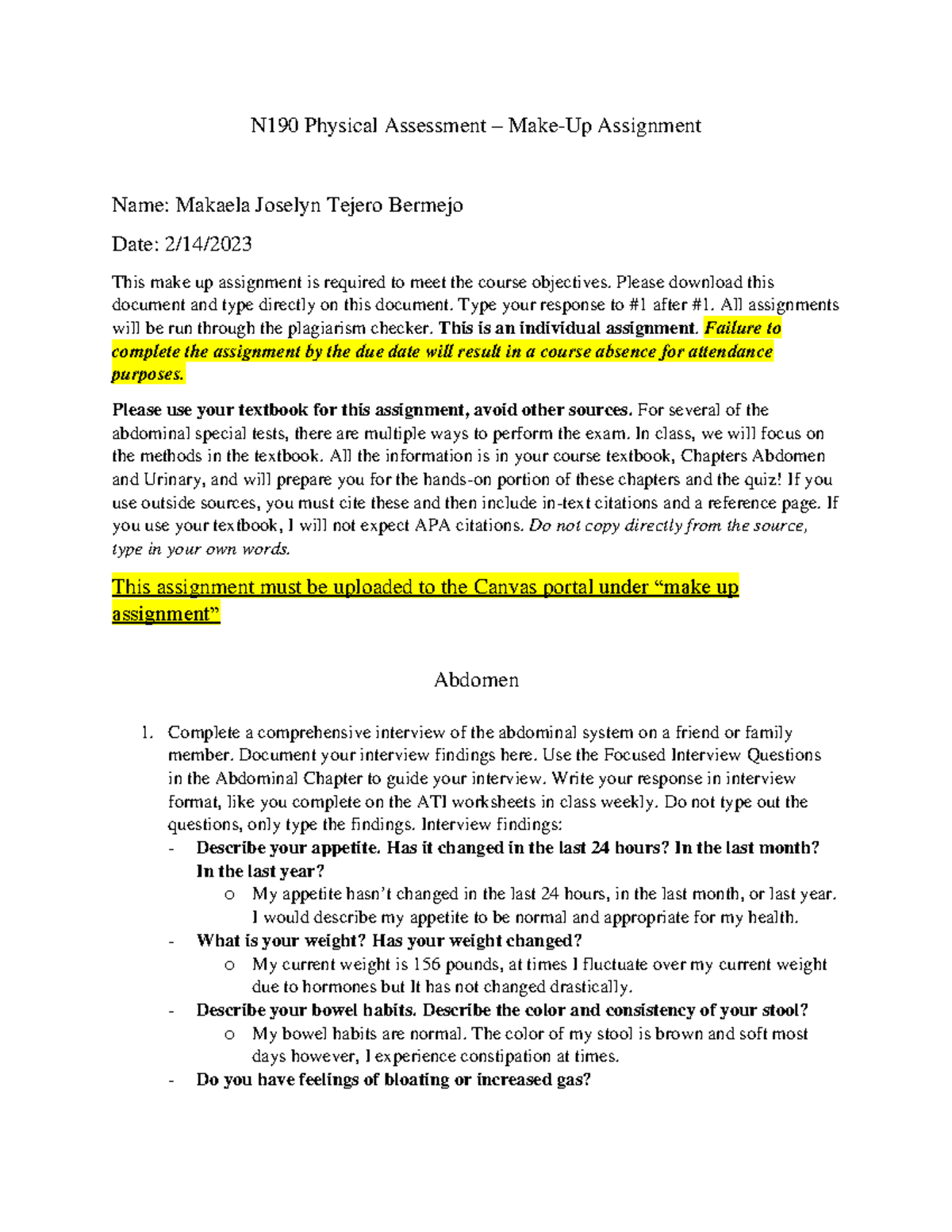 N190 makeup assignment N190 Physical Assessment MakeUp Assignment