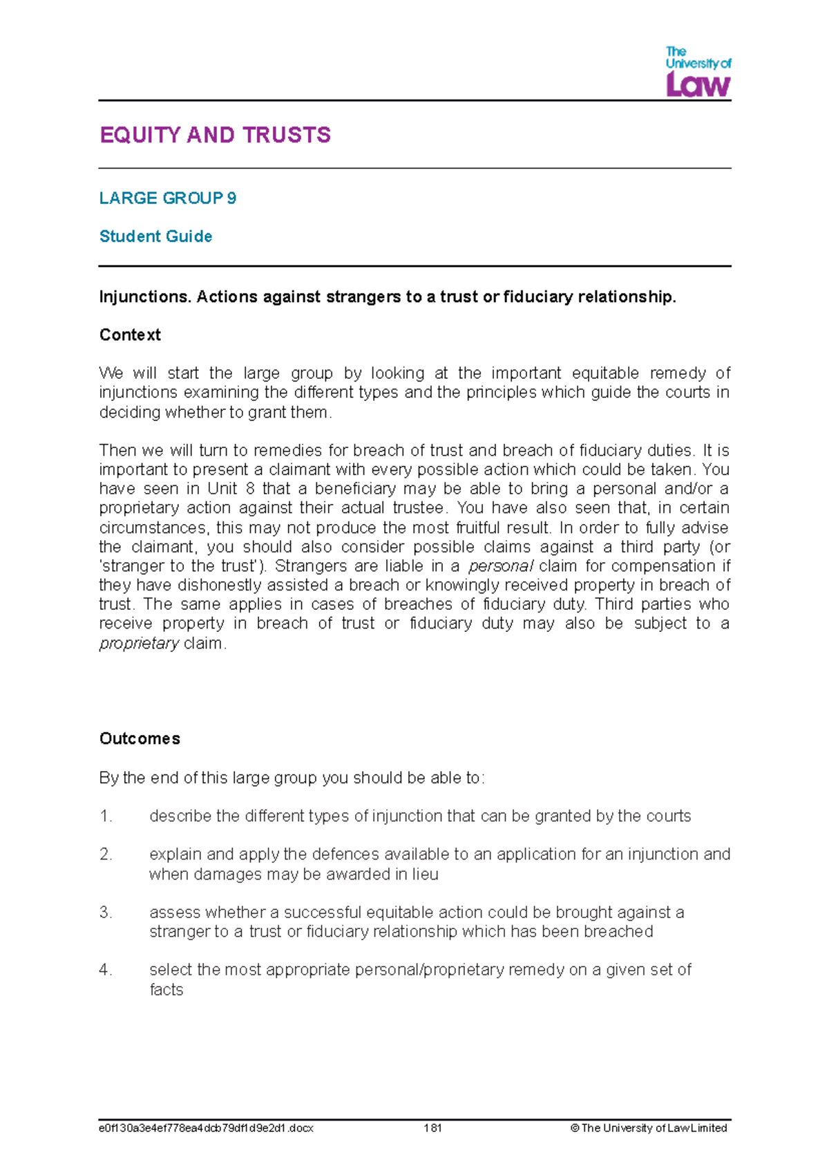 Lg9 sg - EQUITY AND TRUSTS LARGE GROUP 9 Student Guide Injunctions ...