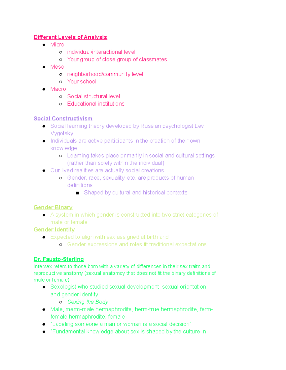 Exam 1 Review Social Constructivism Gender Binary Levels Of Analysis Gender Theory Sex