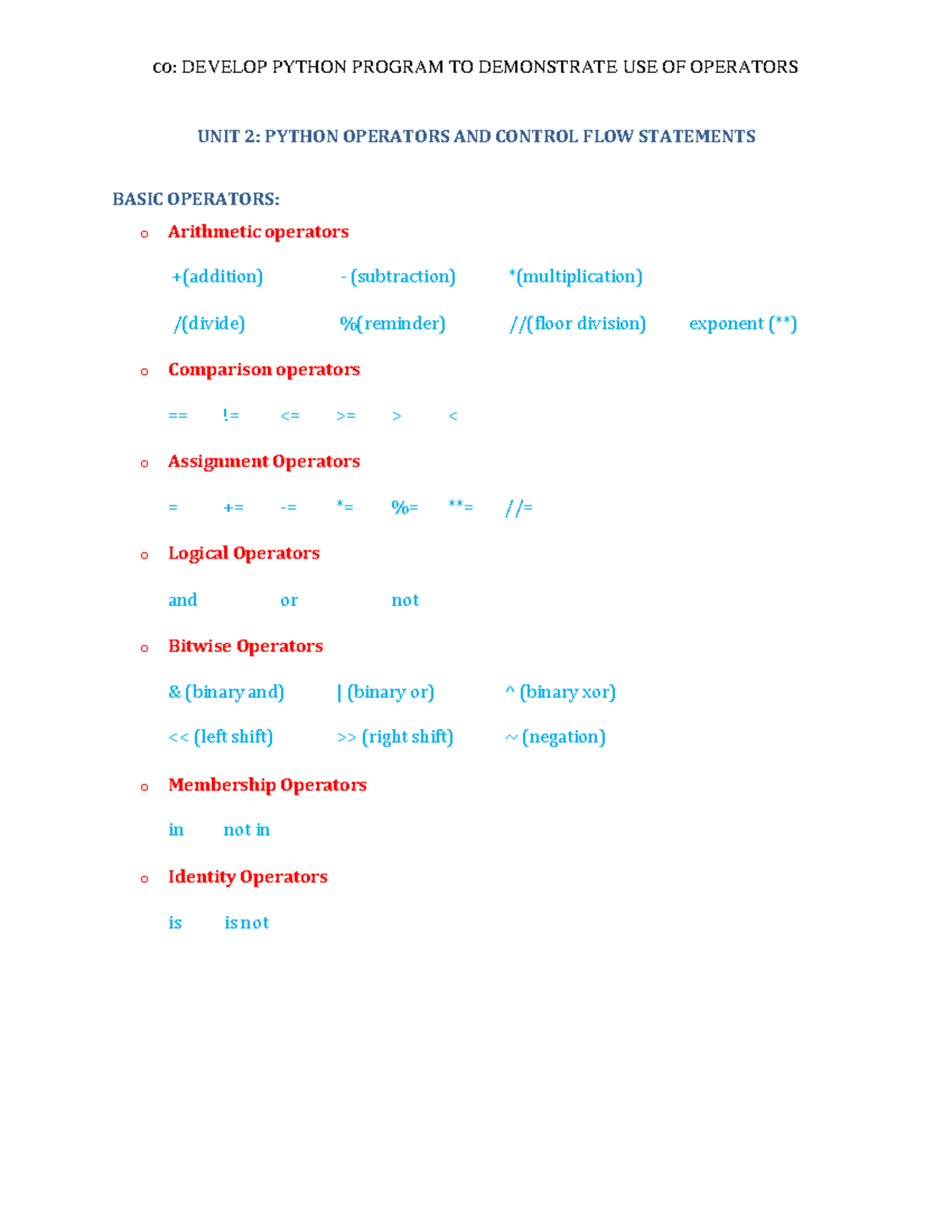 Python UNIT 2 notes - UNIT 2: PYTHON OPERATORS AND CONTROL FLOW ...