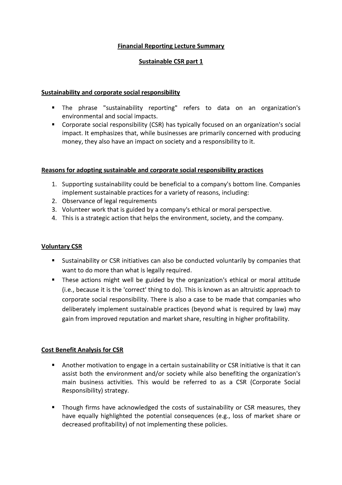 Corporate Social Responsibility Summary 1 - Financial Reporting Lecture ...