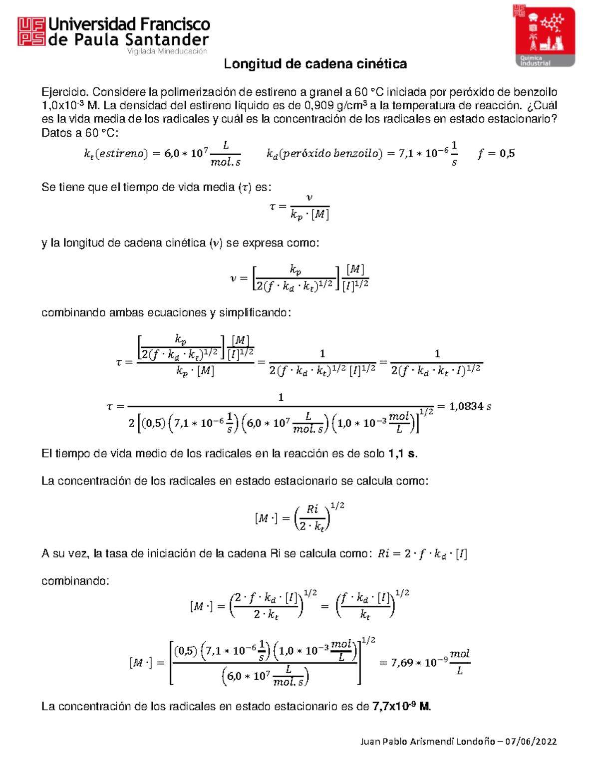 Ejercicio longitud de cadena cinética - Juan Pablo Arismendi LondoÒo ...