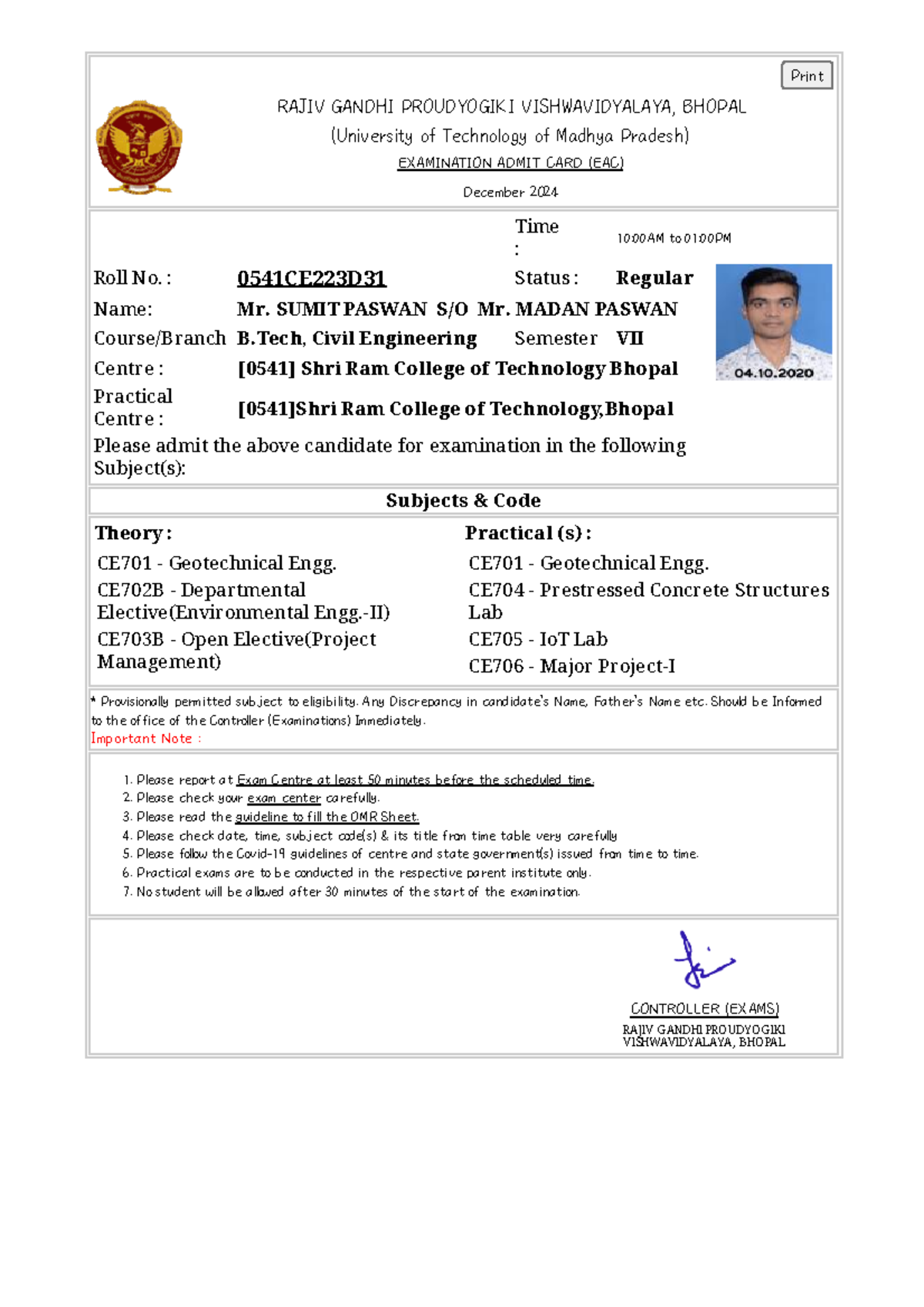 Admit Card (13) - ghjj - Print RAJIV GANDHI PROUDYOGIKI VISHWAVIDYALAYA ...