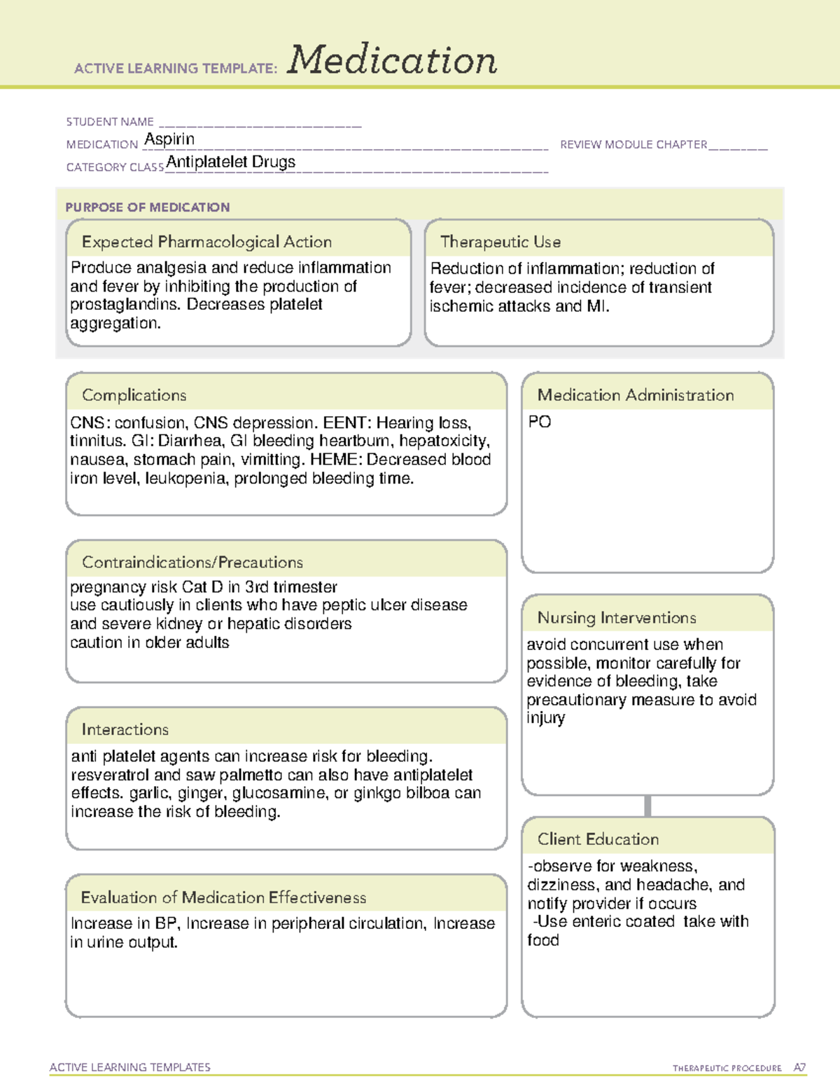 Cardio Temp Aspirin Med Template ACTIVE LEARNING TEMPLATES