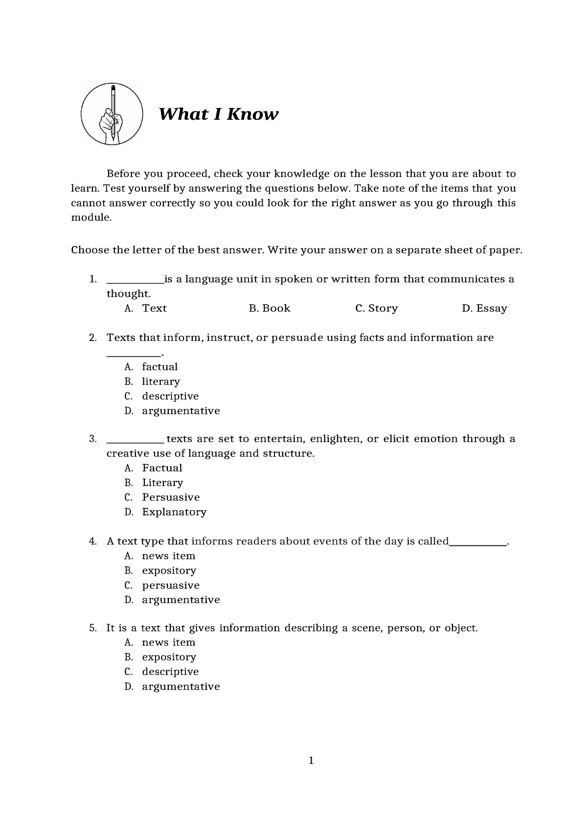 English 9 Quarter 2 Module 1 Weeks 12 What I Know Before You Proceed