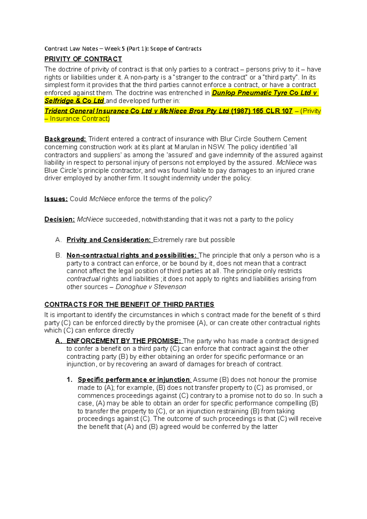 Contract Notes Final - Contract Law Notes – Week 5 (Part 1): Scope of ...