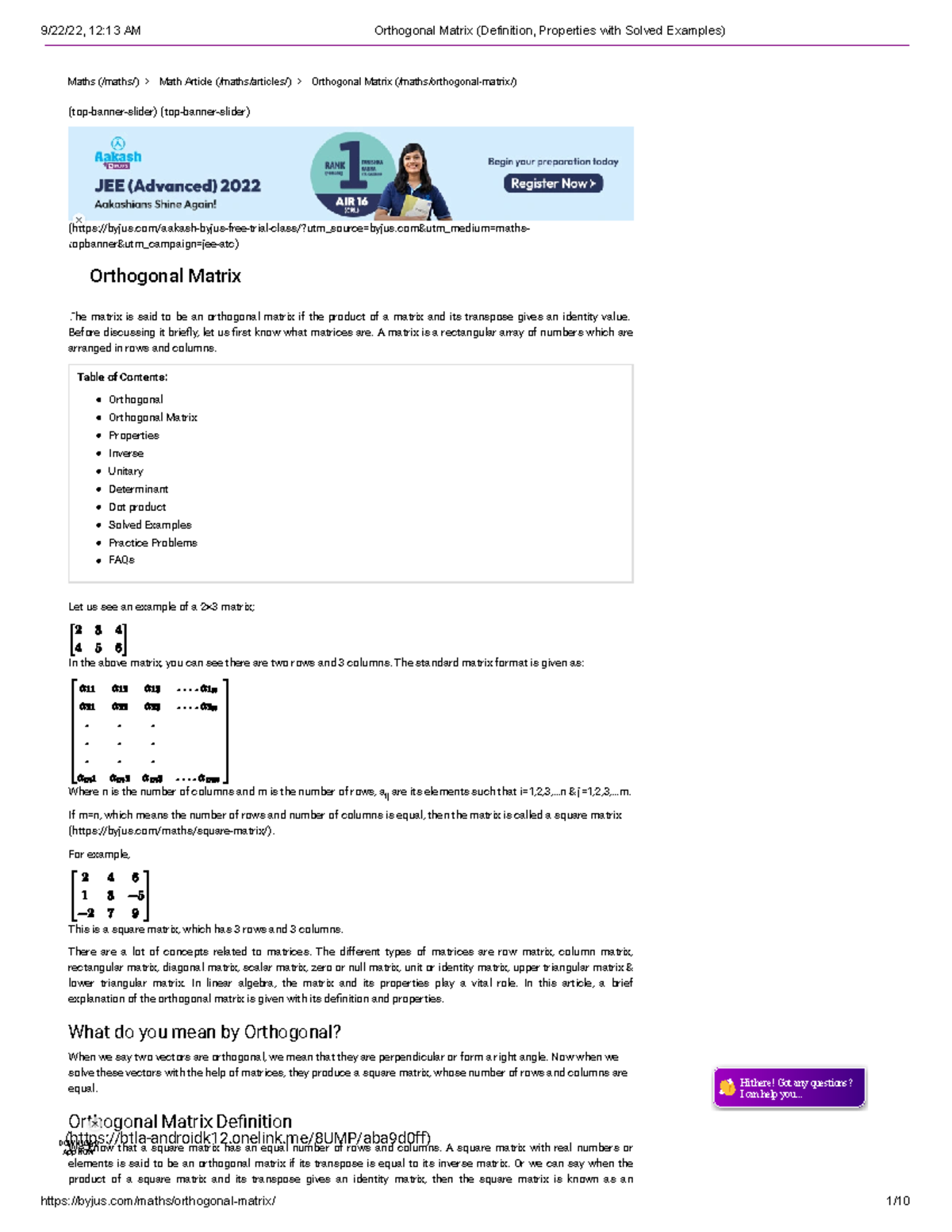 Orthogonal Matrix (Definition, Properties with Solved Examples