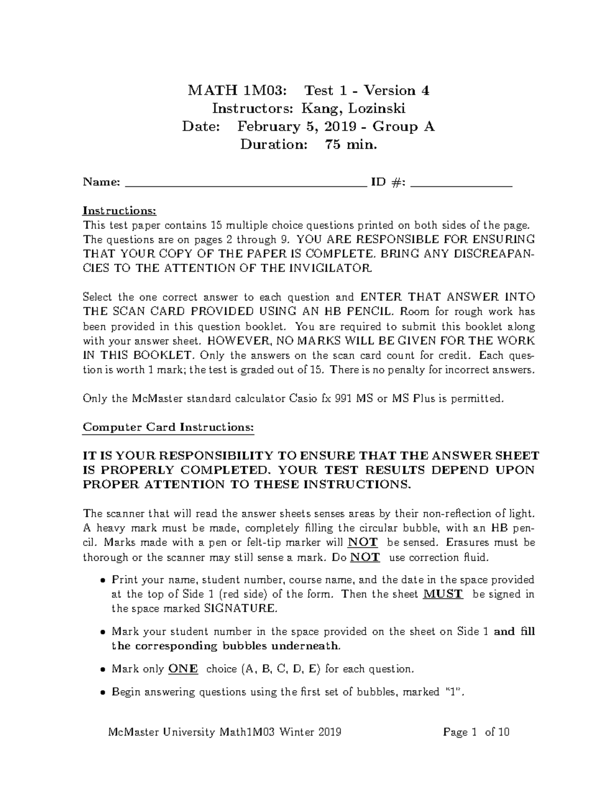 Midterm 2019, questions and answers - MATH 1M03: Test 1 - Version 4 ...