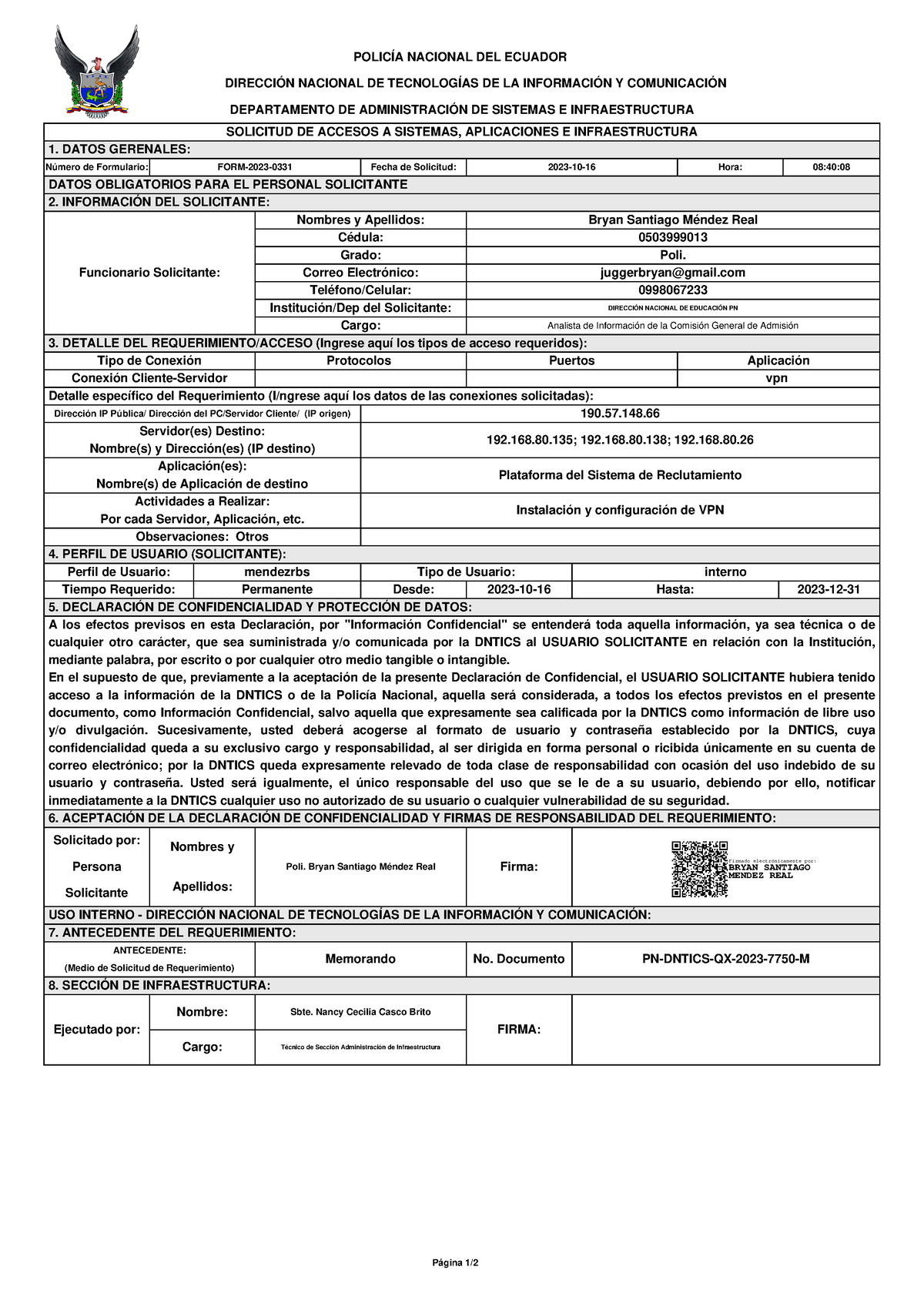 Form 2023 0331 Vpn Poli Bryan Santiago Méndez Real Signed PolicÍa Nacional Del Ecuador 5373