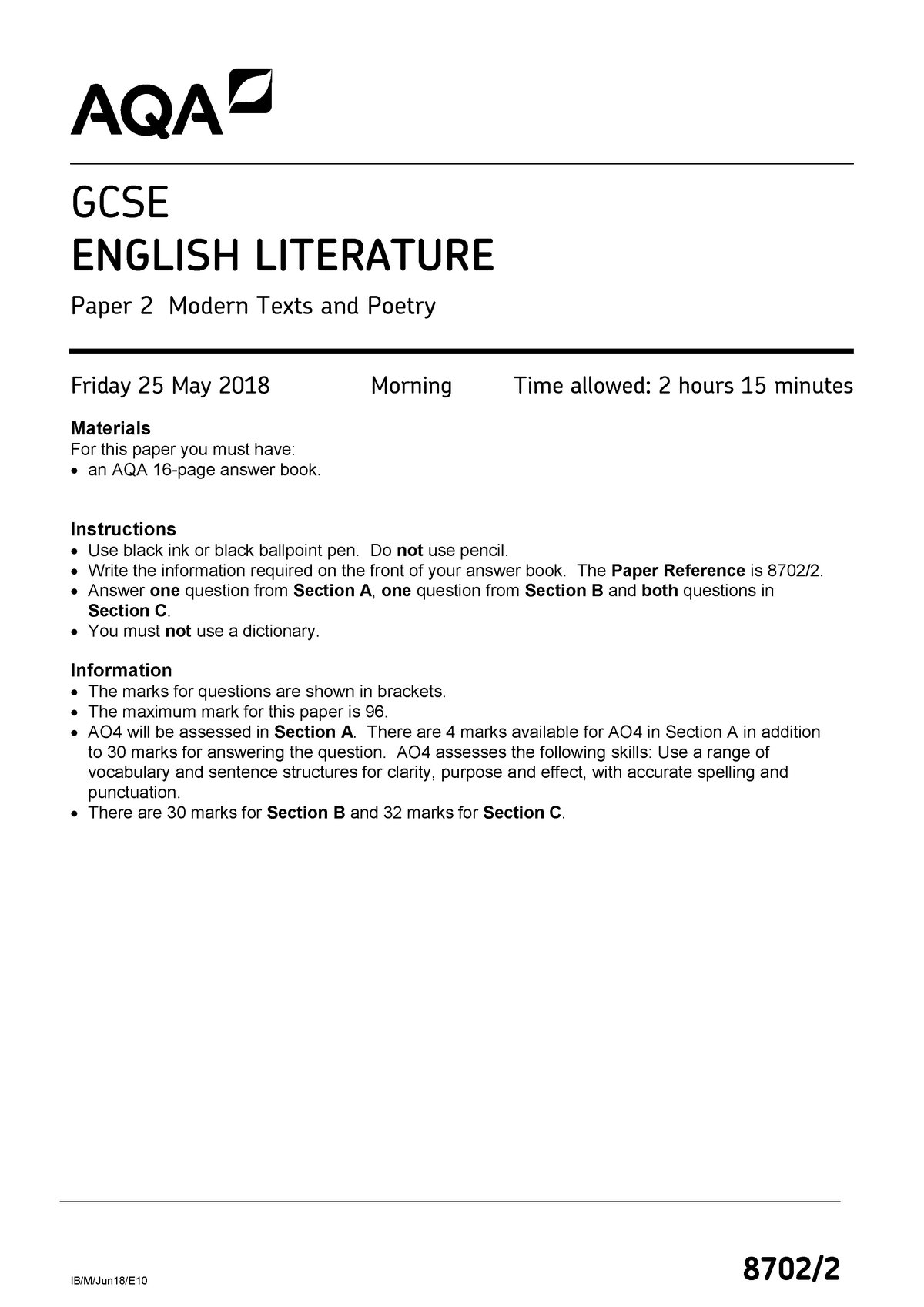 Aqa English Lit June 2018 Modern text and poetry - IB/M/Jun18/E10 8702 ...