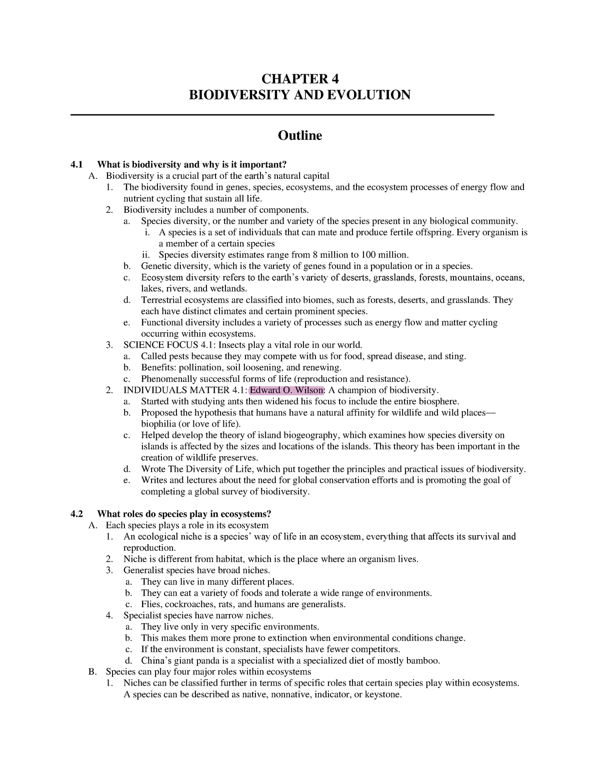 ENV201 - Chapter 3 Notes - CHAPTER 4 BIODIVERSITY AND EVOLUTION Outline ...