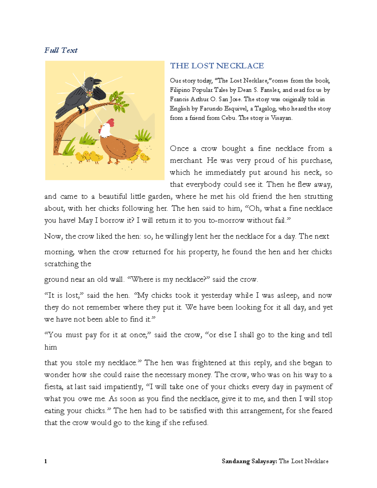 The Lost Necklace - Reading materials - Full Text THE LOST NECKLACE Our ...