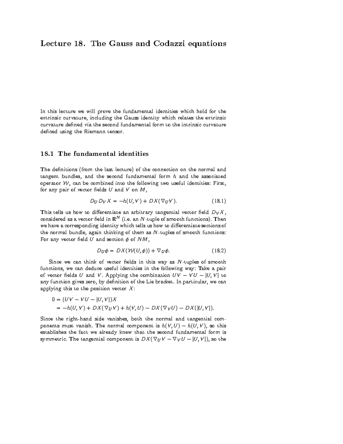 DG Lecture 18 The Gauss and Codazzi equations Lecture 18. The Gauss