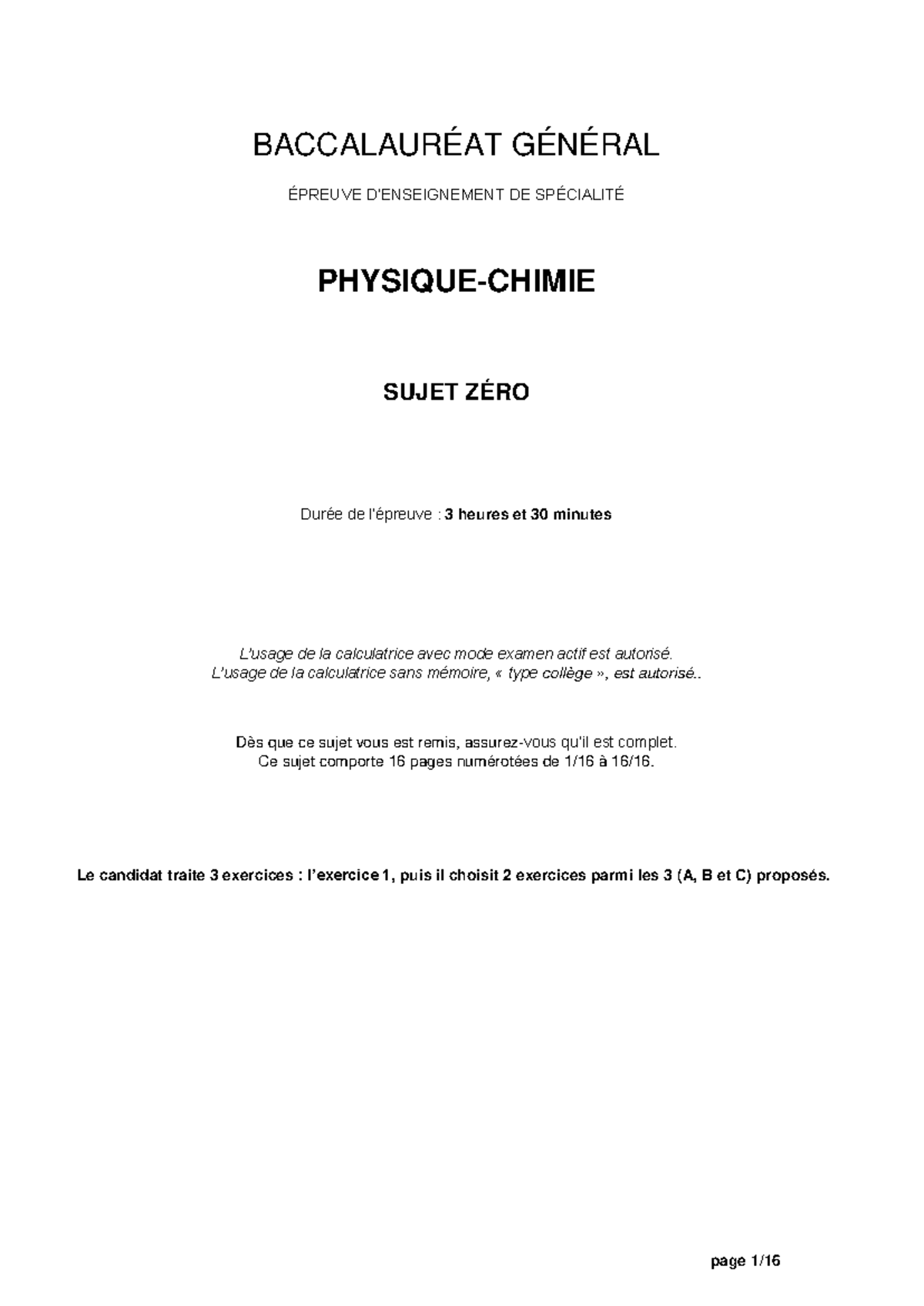 Sujet zero Bac physique cimie - page 1 / 16 BACCALAURÉAT GÉNÉRAL ...