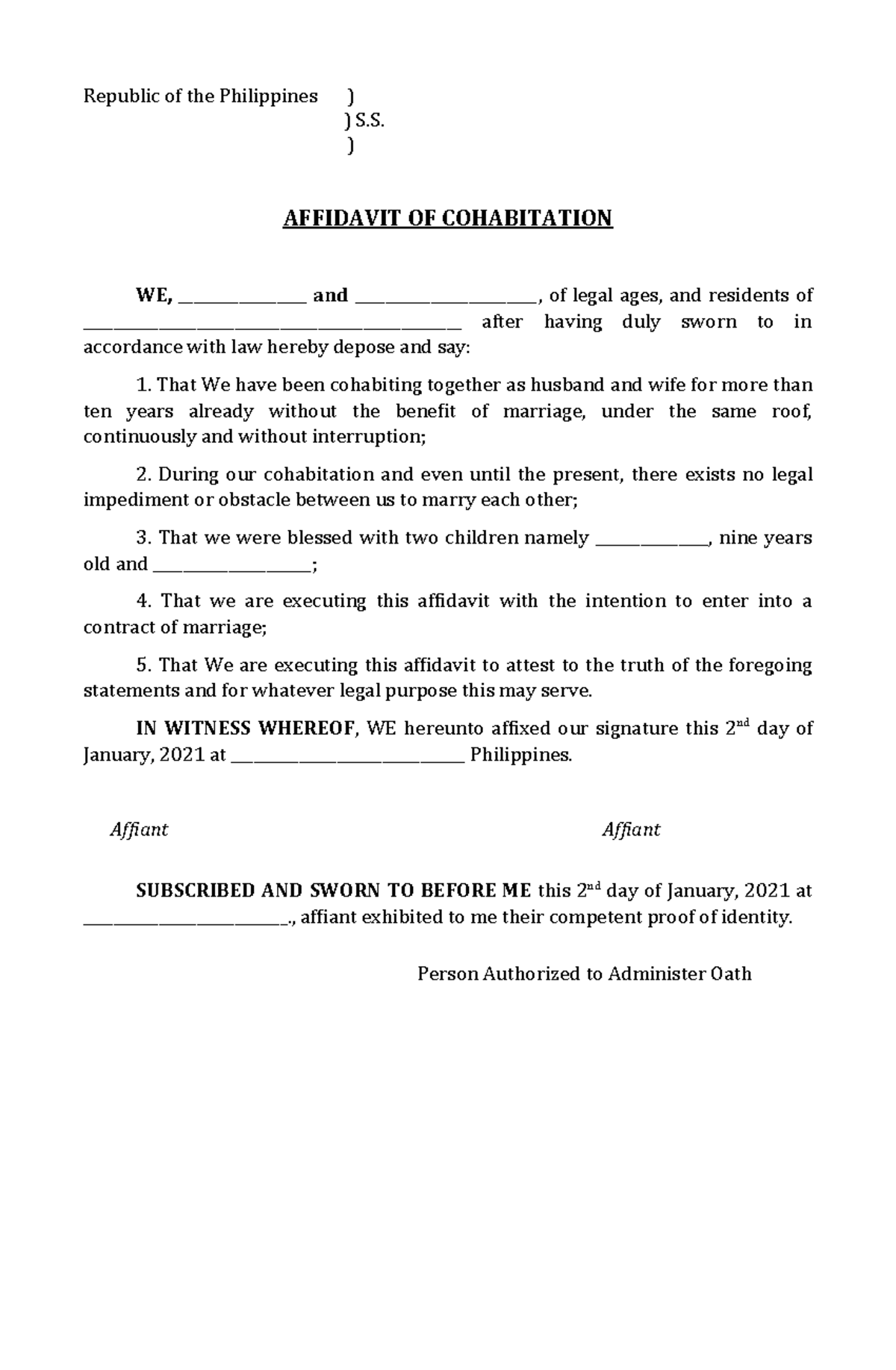 Affidavit-of-cohabitation - Republic of the Philippines ) ) S ...