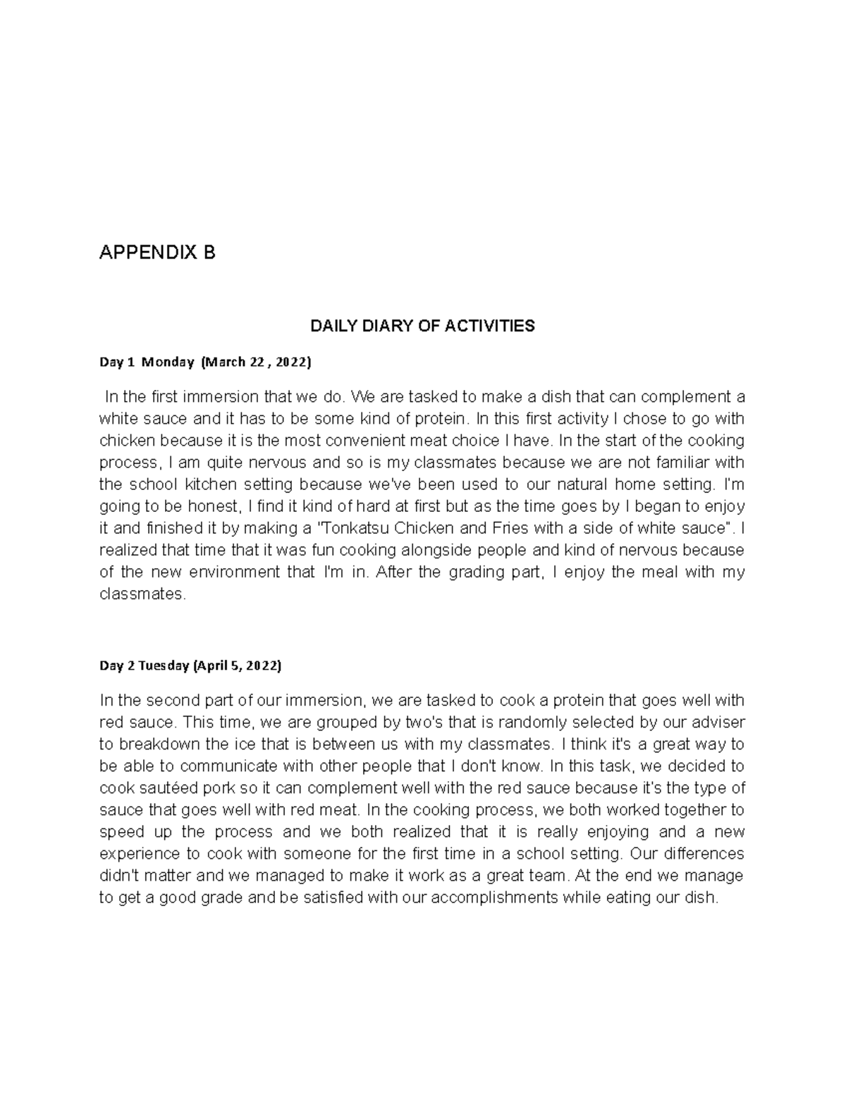 Narrative (10) - APPENDIX B DAILY DIARY OF ACTIVITIES Day 1 Monday ...