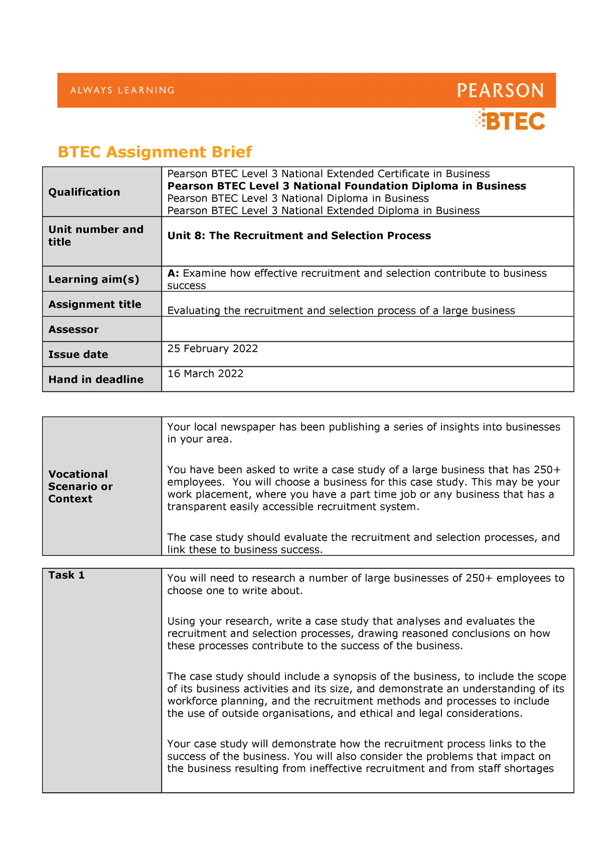 btec business unit 8 assignment 1