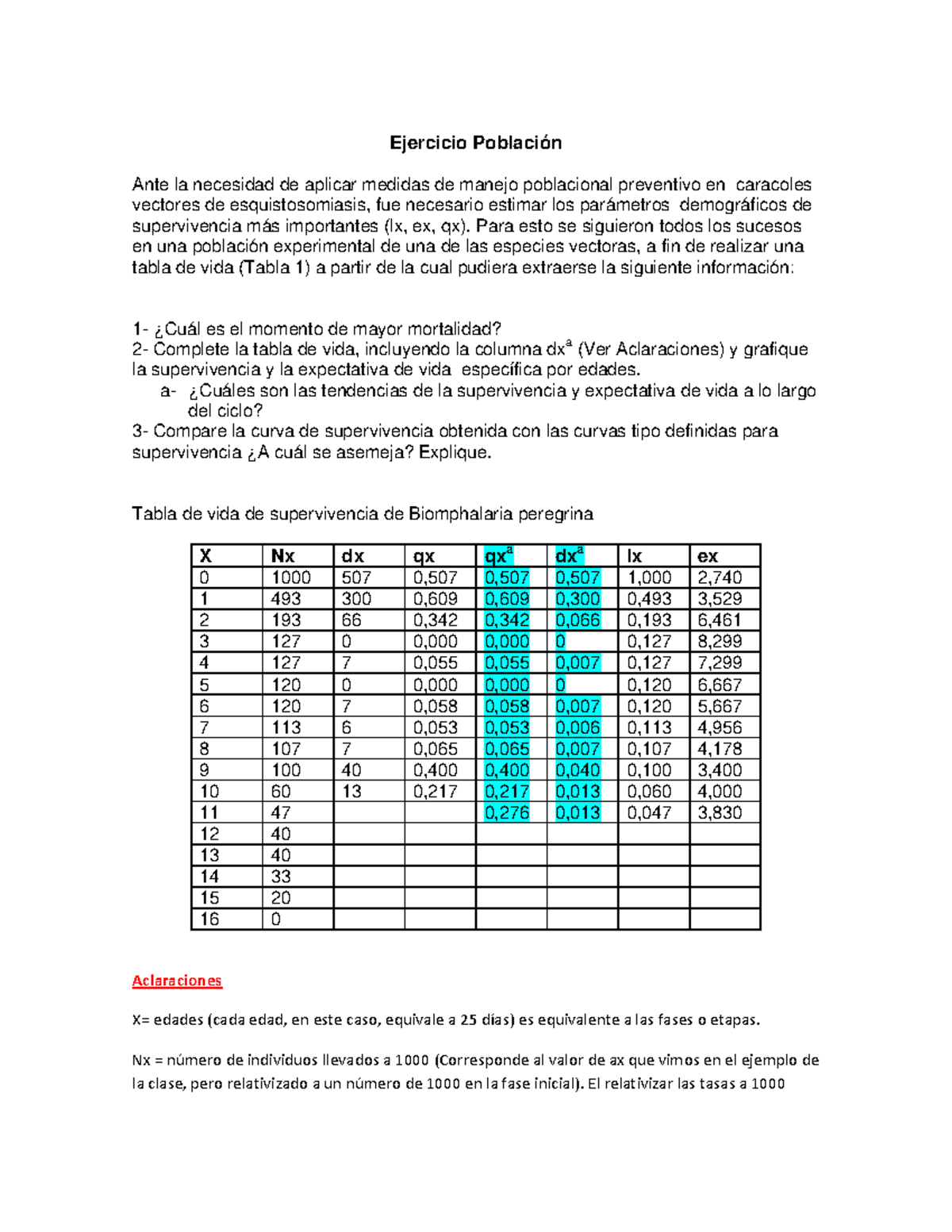 Ejercicio Tablas de vida Ejercicio Población Ante la necesidad de