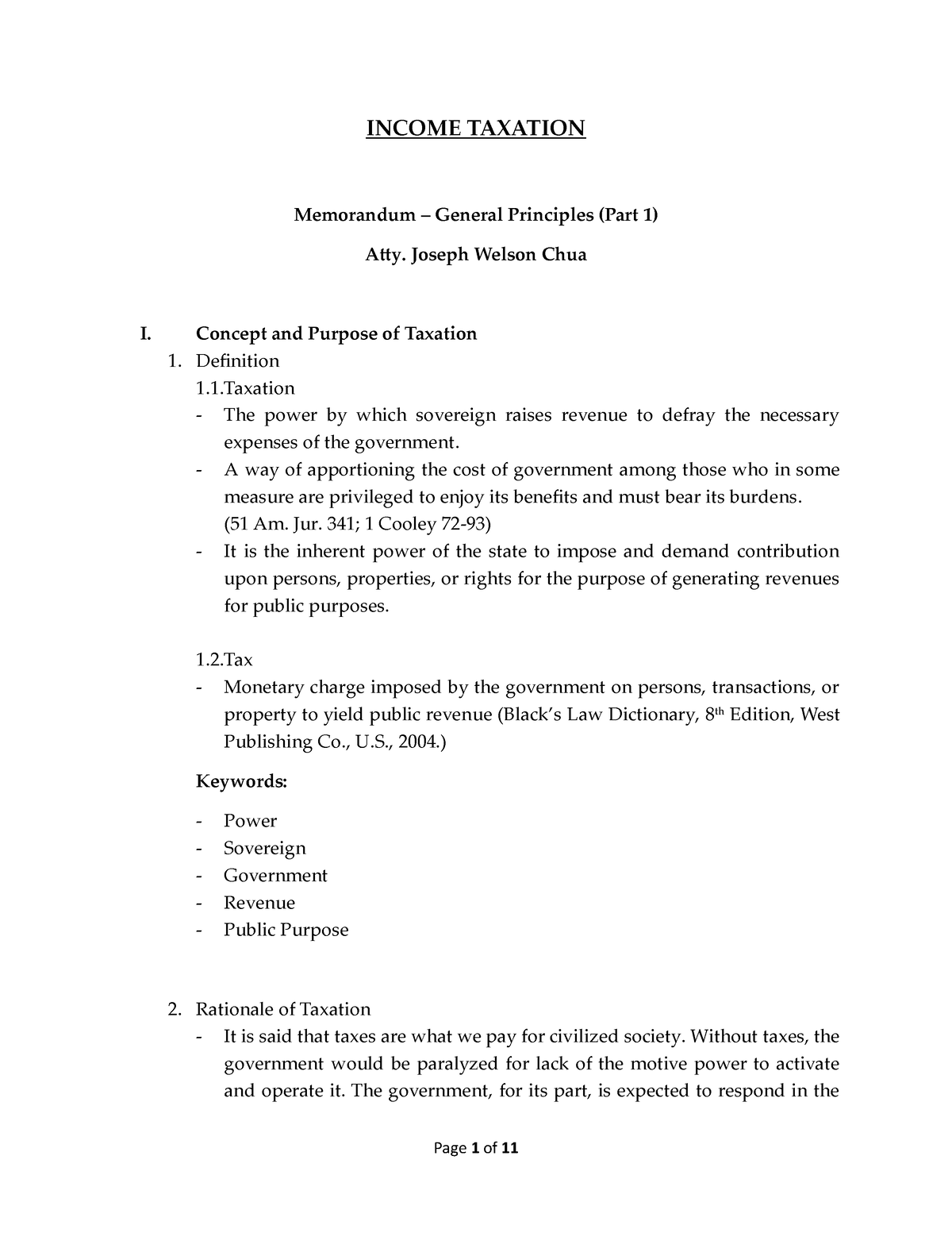 Memorandum Income Taxation General Principles PART 1 - INCOME TAXATION ...