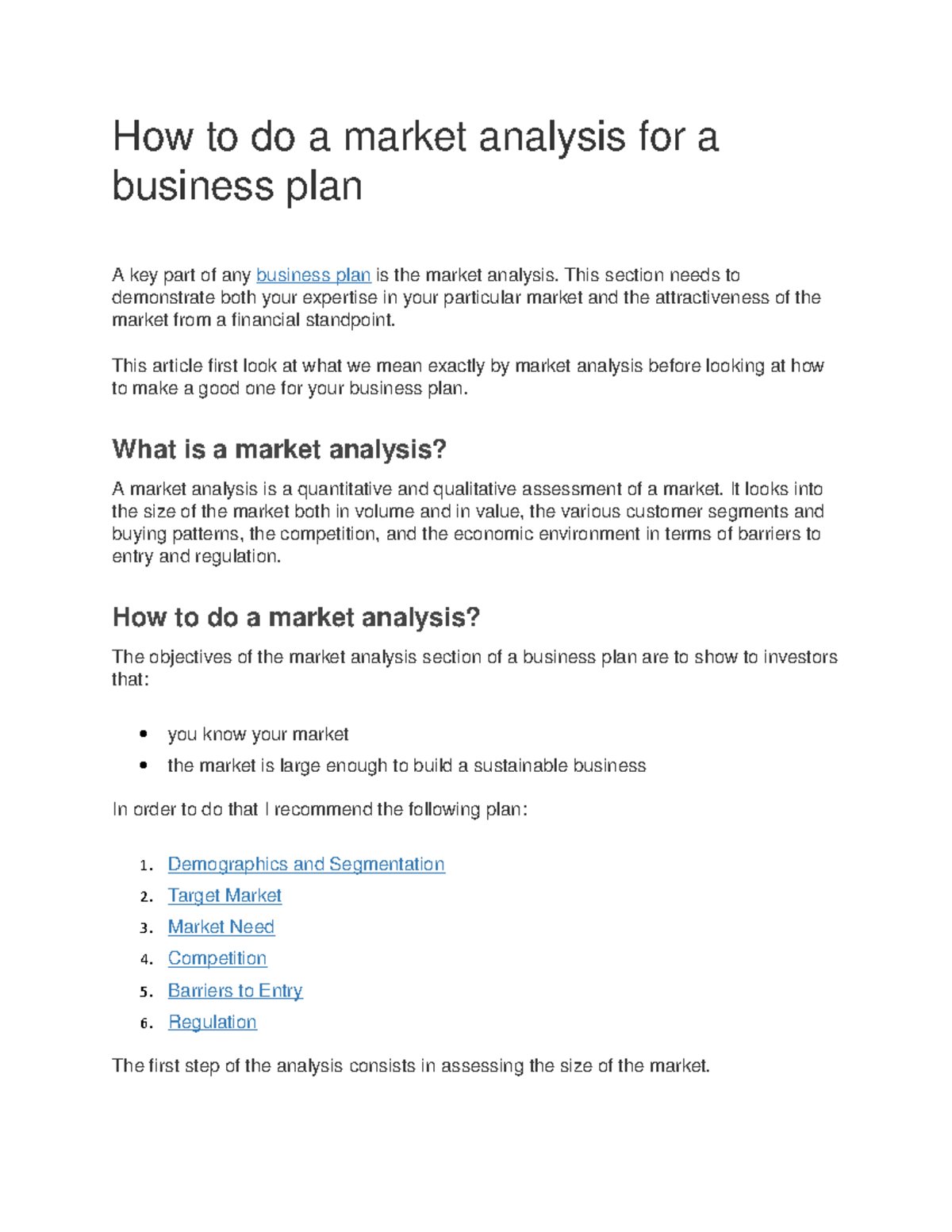 market analysis in business plan brainly