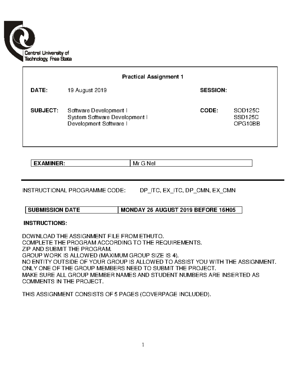 2019 Practical Assignment 1 - Practical Assignment 1 DATE: 19 August ...
