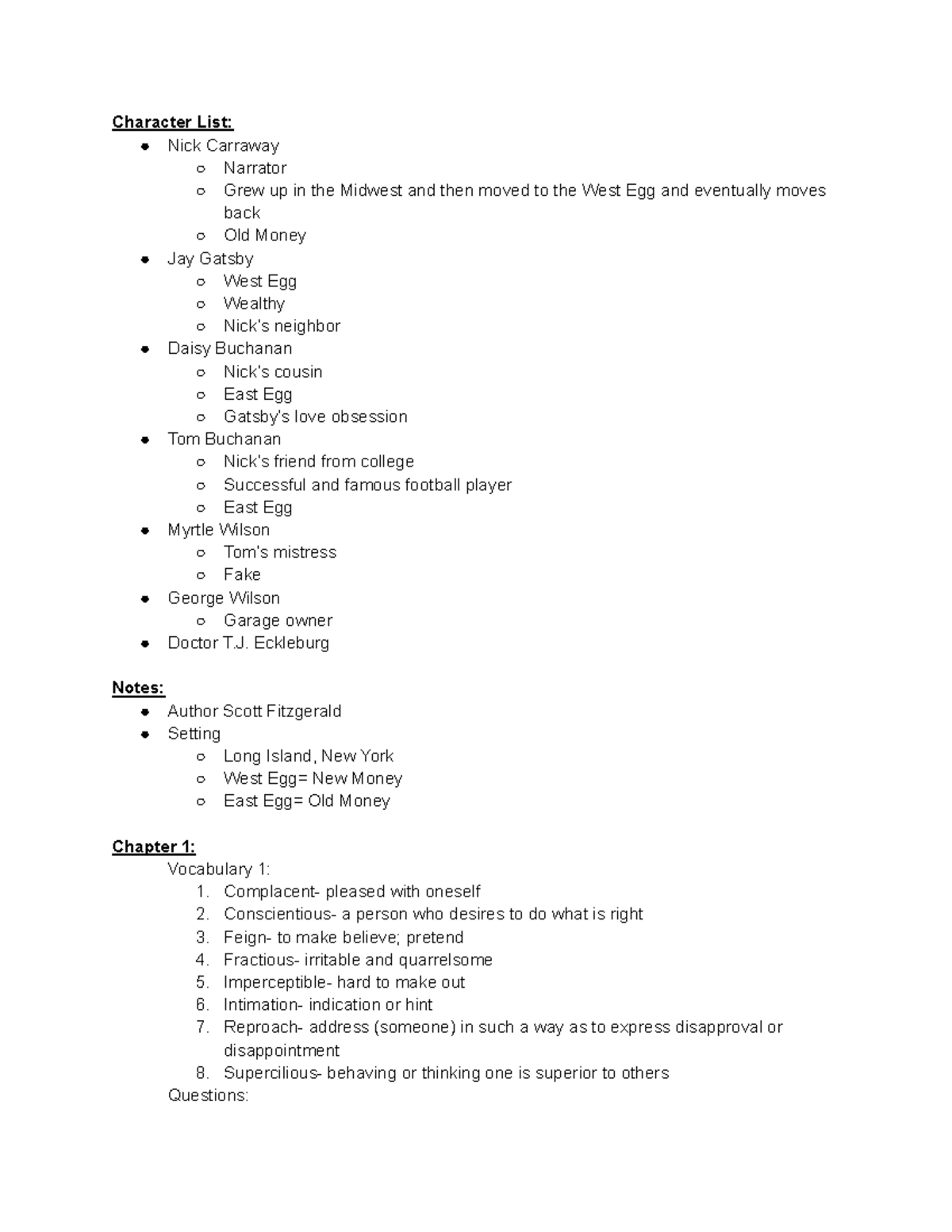 Great Gatsby Packet - Character List: Nick Carraway Narrator Grew up in ...