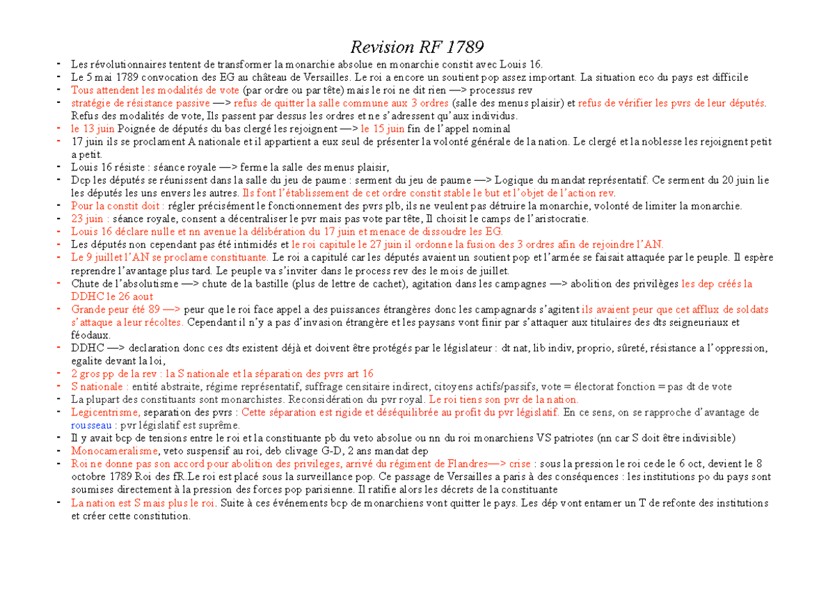Revision RF - Fiche de révisions pour la révolution française