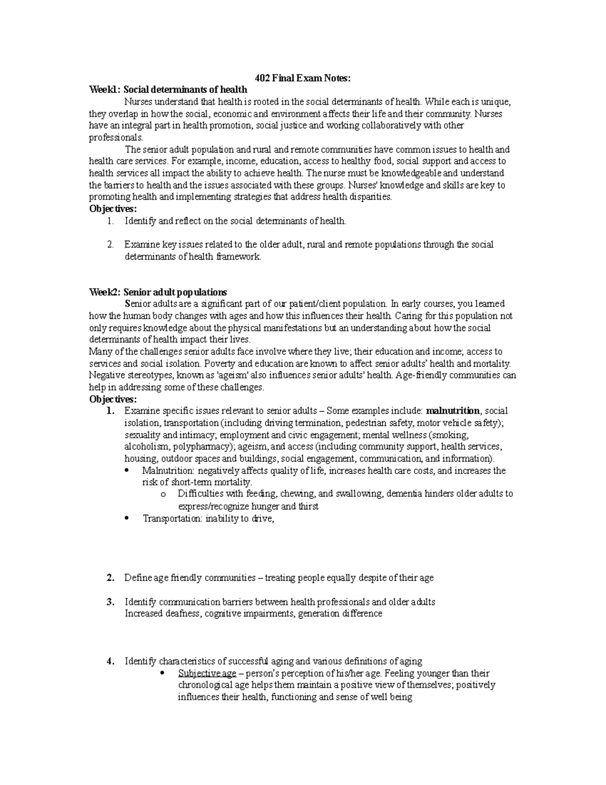 402 exam notes - 402 Final Exam Notes: Week1: Social determinants of ...