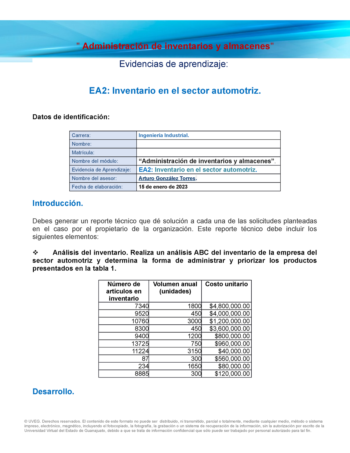 Ea2 Inventario En El Sector Automotriz Datos De Identificación Carrera Ingeniería 6152
