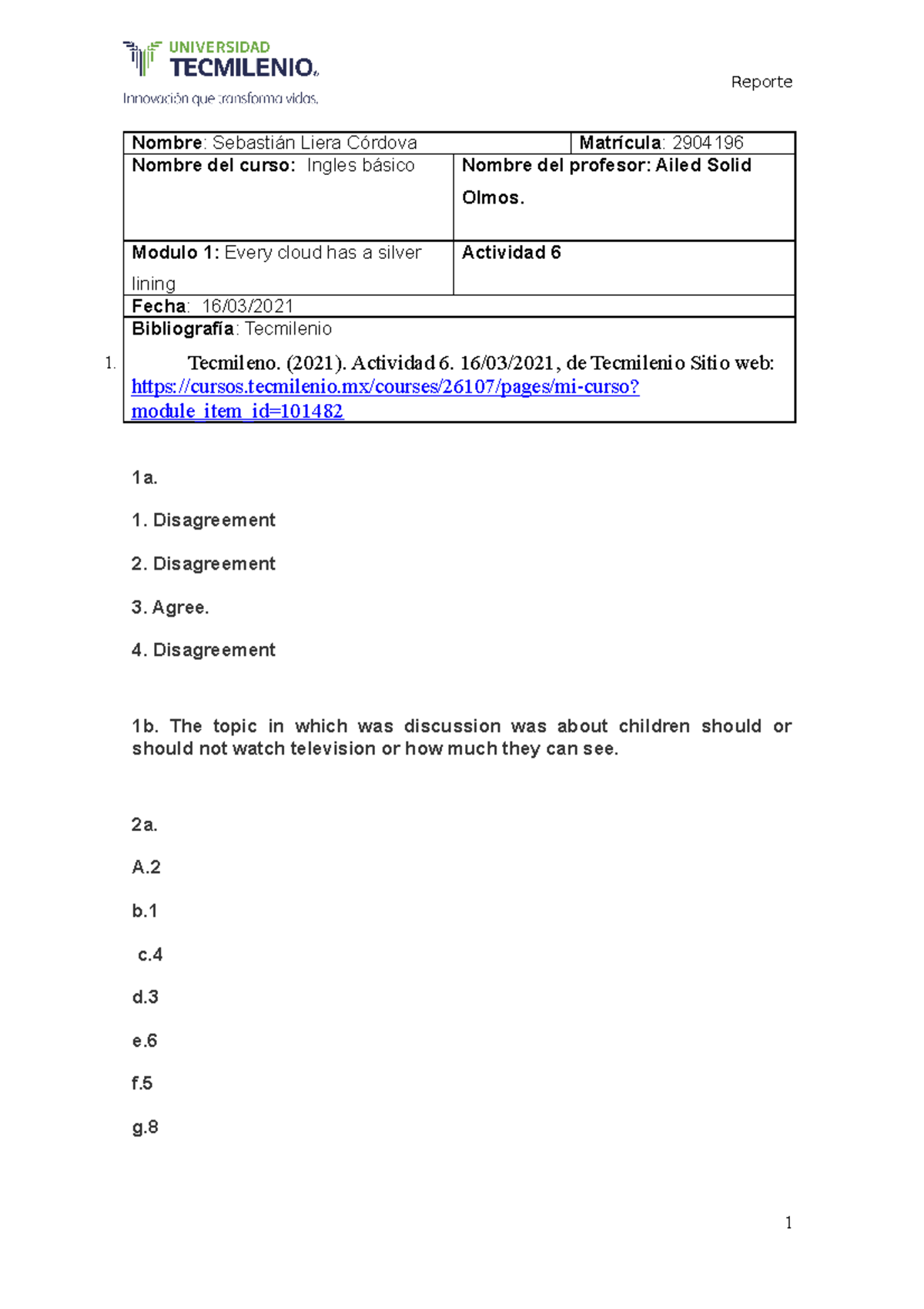 Actividad 6 ingles basico ejercicios de modulo - Reporte Nombre ...