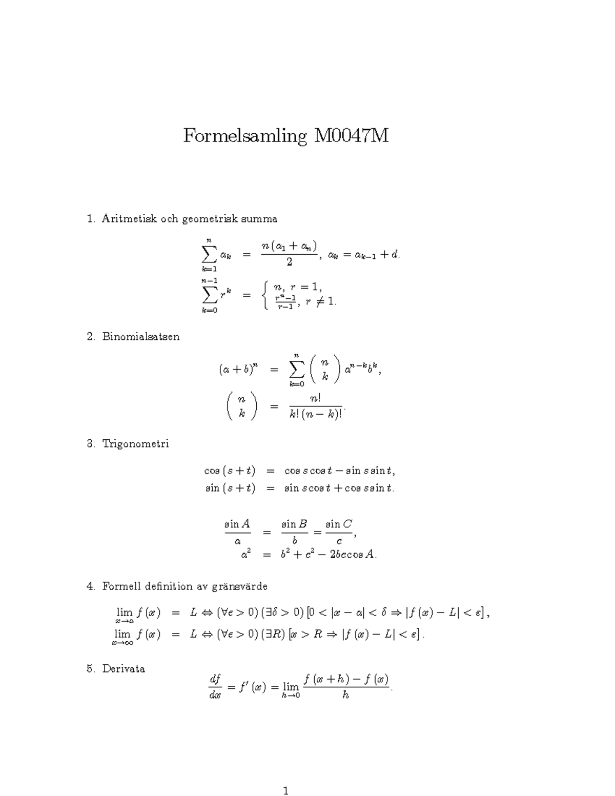 Formler - Formelsamling - Formelsamling M0047M Aritmetisk Och ...