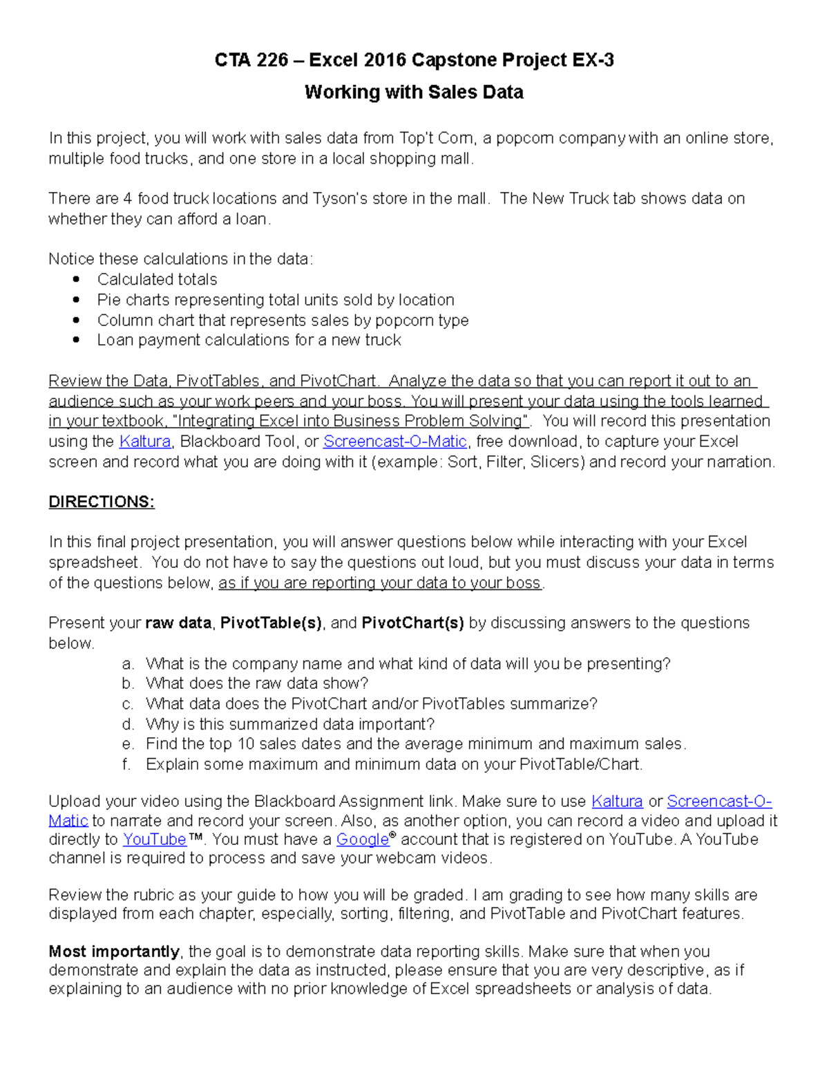 CTA 226 Final Project Instruction SPR2017 - CTA 226 – Excel 2016 ...