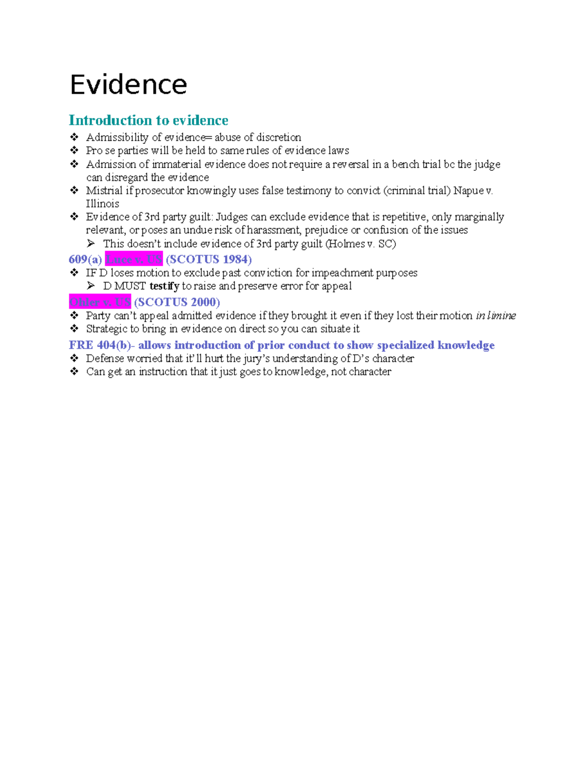 Evidence outline - Evidence Introduction to evidence Admissibility of ...