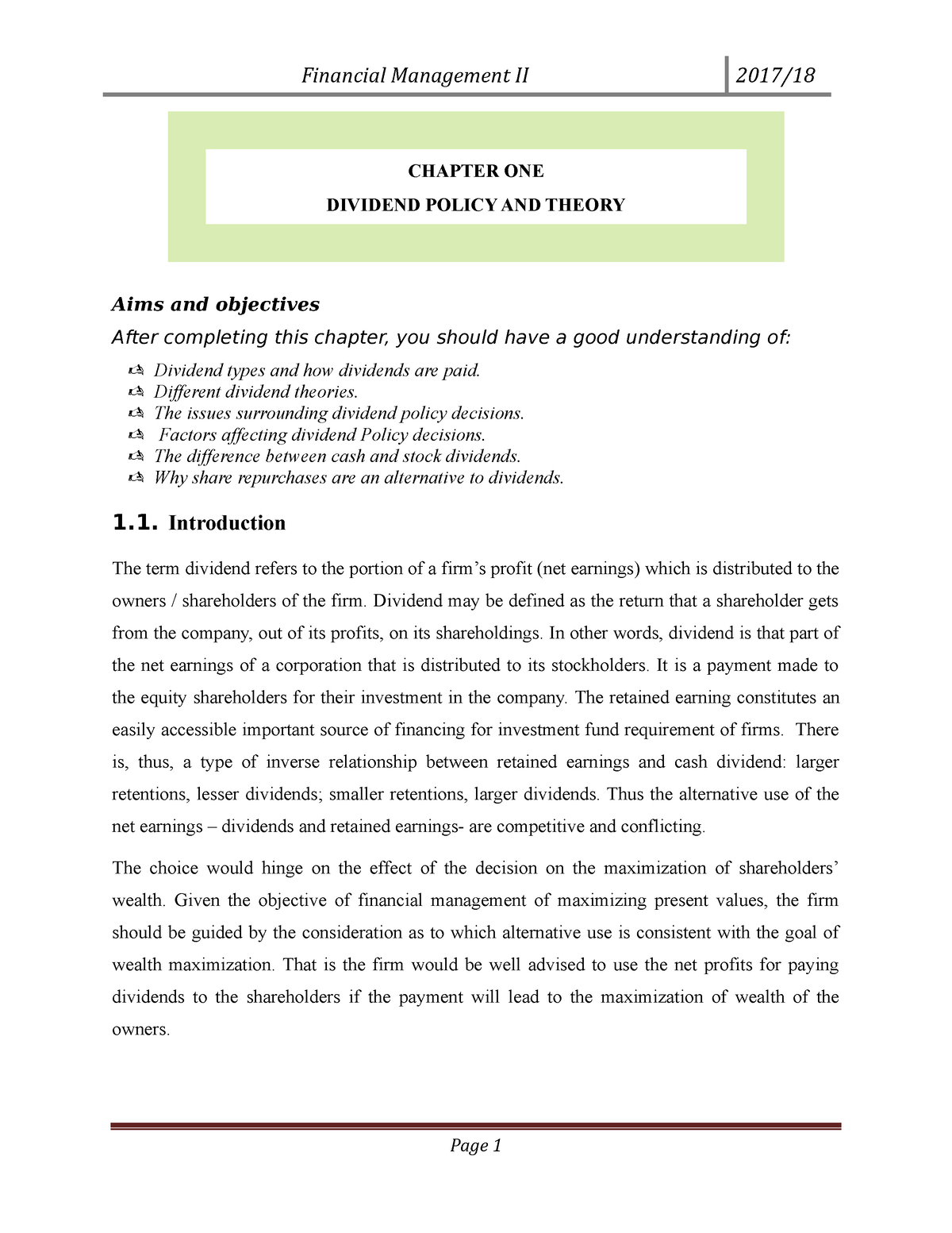 CH 1- Dividend Policy Decisions - Copy - CHAPTER ONE DIVIDEND POLICY ...