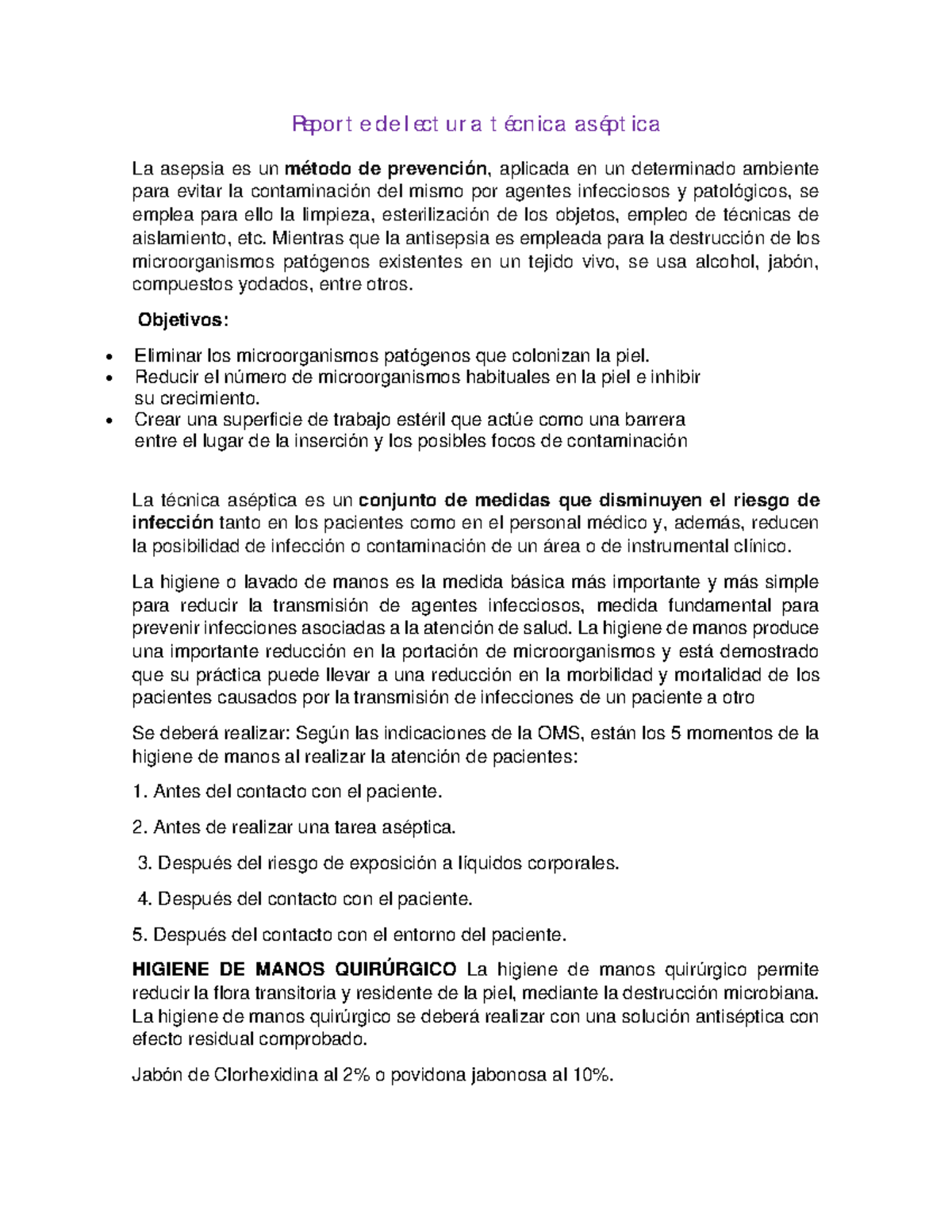 Reporte de lectura técnica aséptica - Reporte de lectura técnica ...