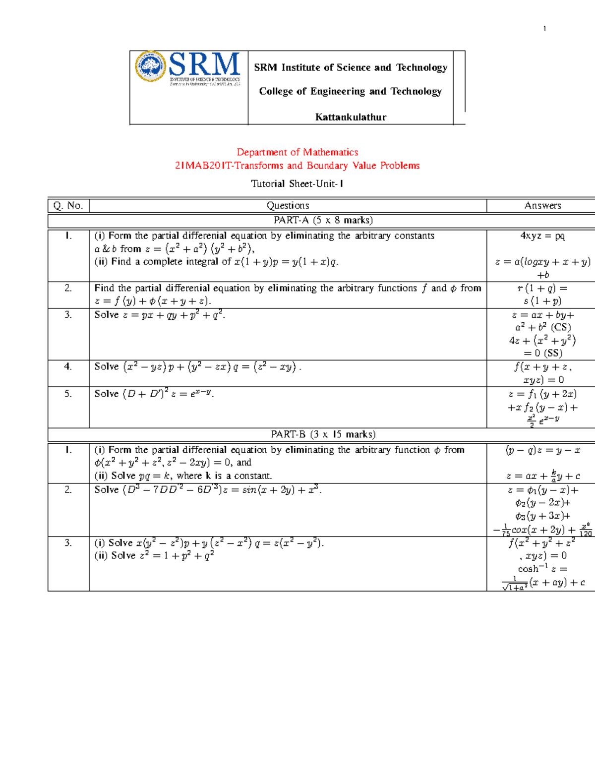 21MAB201T-Tutorial Sheet unit-1 - 1 SRM Institute of Science and ...