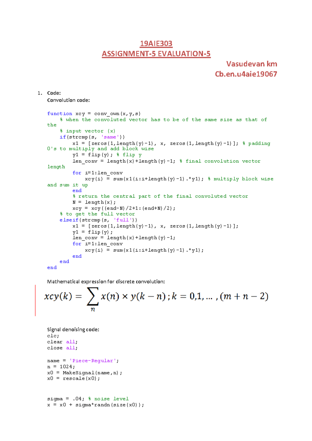 19067 Digital Signal and Image Processing assignments 19AIE ASSIGNMENT5 EVALUATION
