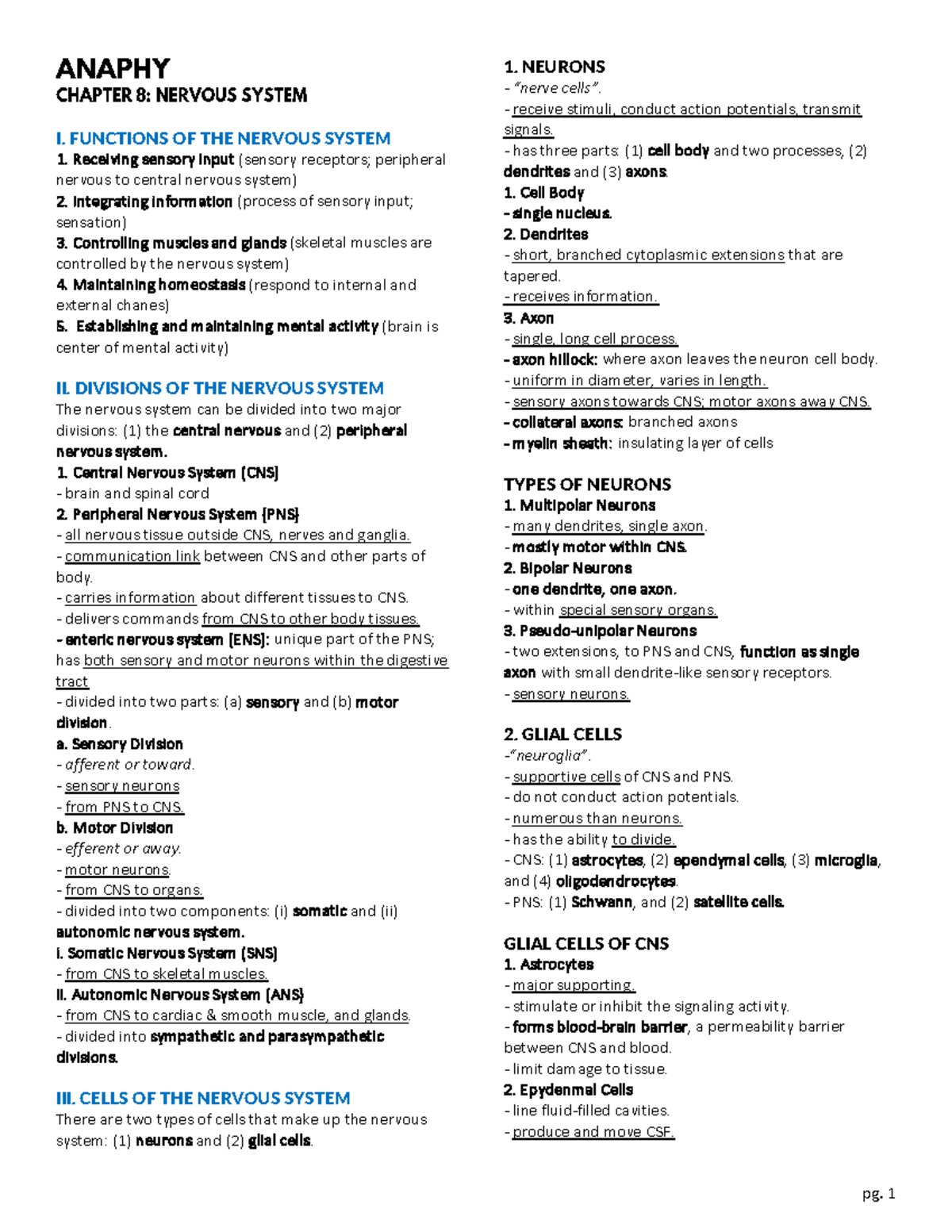 Chapter 8, Nervous System - I. FUNCTIONS OF THE NERVOUS SYSTEM ...