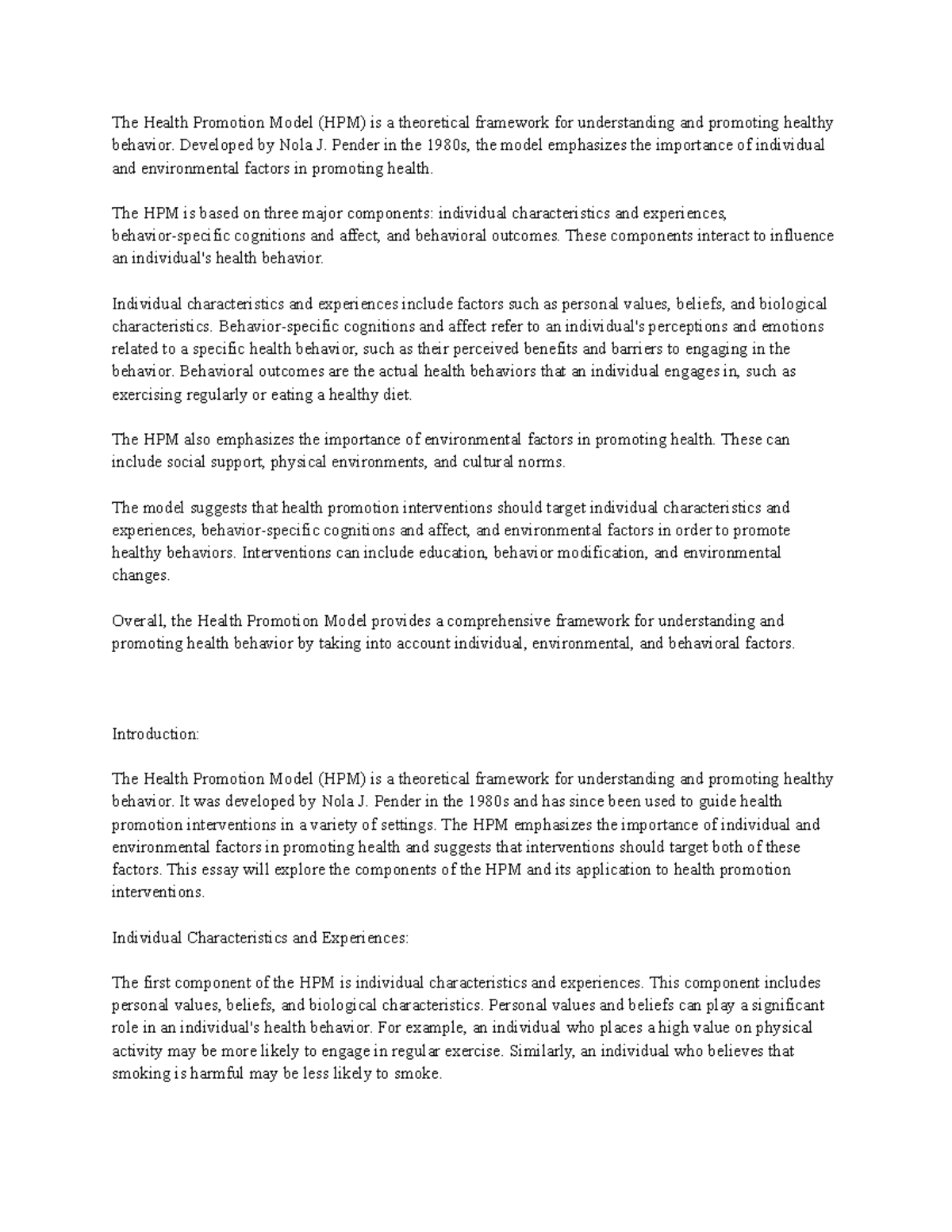 HPM for PUBH - details of the model, notes, and essay - The Health ...