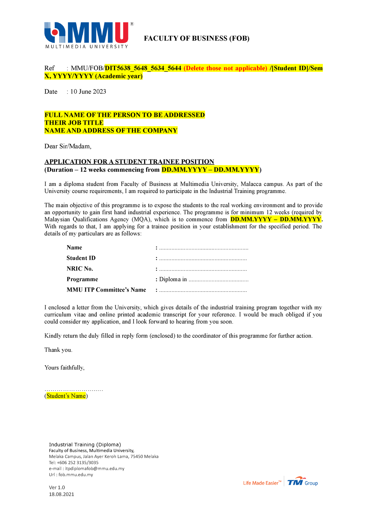 sample of application letter for one year industrial training