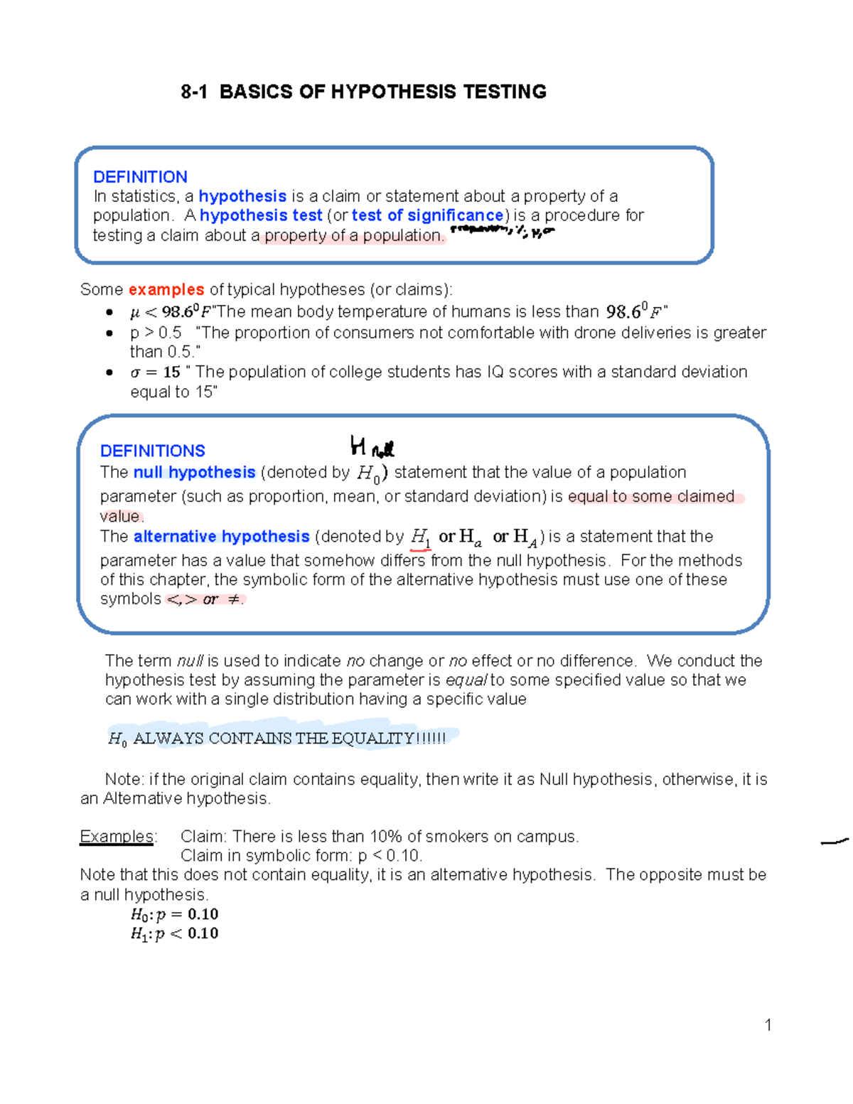 Hypothesis Testing - 8-1 BASICS OF HYPOTHESIS TESTING Some examples of ...