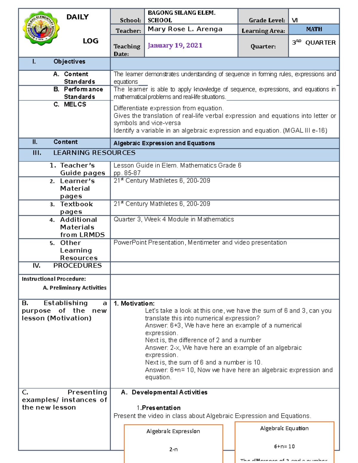 Mathematics VI- Lesson PLAN, Arenga MARY ROSE L. - DAIL DAILY LESSON ...